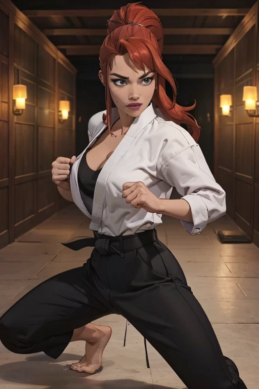 A beautiful woman, ((martial art))), masterpiece, top quality, ultra detail,((masterpiece, best quality, ultra-detailed, very fine 8KCG wallpapers)), 1girl, solo, huge breasts, long wavy messy red hair,wet , sweating, red hair, ponytail,crystal blue eyes, dougi, long sleeves, martial arts belt, black pants, barefoot, dojo, fighting pose , seiza, nice hands, perfect hands, black karate costume black
