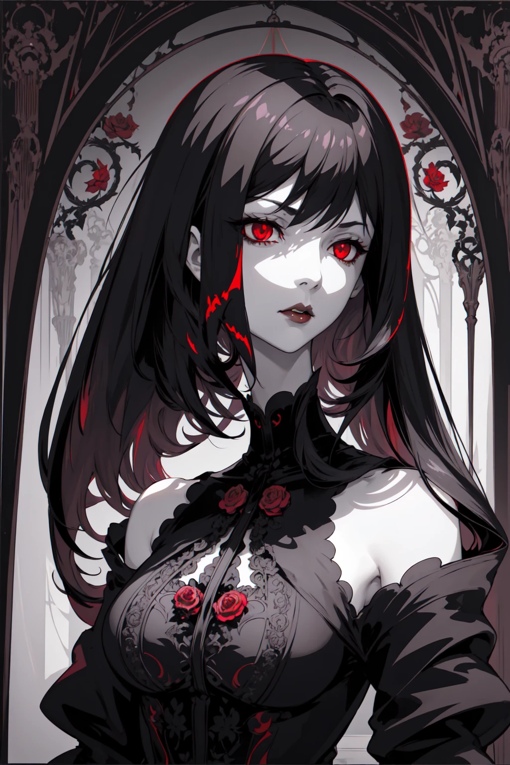 Basic Art Nouveau，Vampire woman with black hair and red eyes，short hair，（Upper body portrait），young，(((Oval face)))，Dark clothing，Soft and melancholy face，Beautifully，No wrinkles，Gothic style，Synthwave meets Art Nouveau，Bold and smooth lines，Dynamic composition of organic Art Nouveau patterns，Intricate roses and patterns intertwined with geometric shapes，Characters that embody vampires Mysterious Gothic atmosphere，Feminine but calm expression，Art Nouveau pattern dress，Digital grid landscape with natural forms，Neon-like outline effect reminiscent of stained glass，White background，High contrast，Easy to color，visual clarity，French Art Nouveau，80s vaporwave art style。Maximum details，