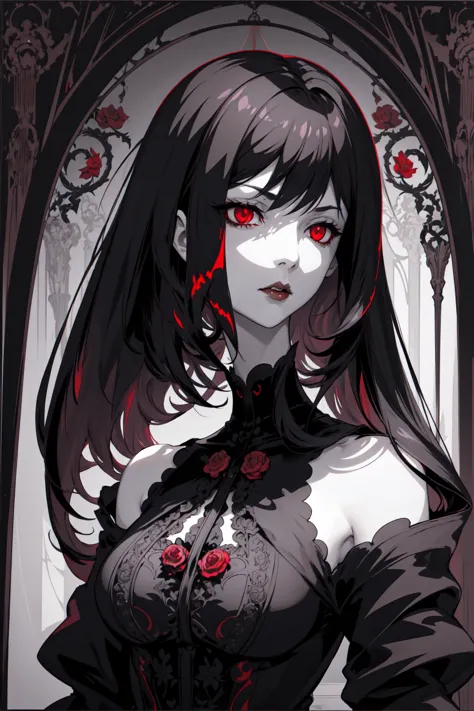 Basic Art Nouveau，Vampire woman with black hair and red eyes，short hair，（Upper body portrait），young，(((Oval face)))，Dark clothin...