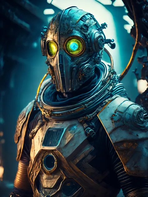 breathtaking cinematic science fiction photo of a portrait of a non human masked Grim dressed as an astronaut in metal skin, bod...