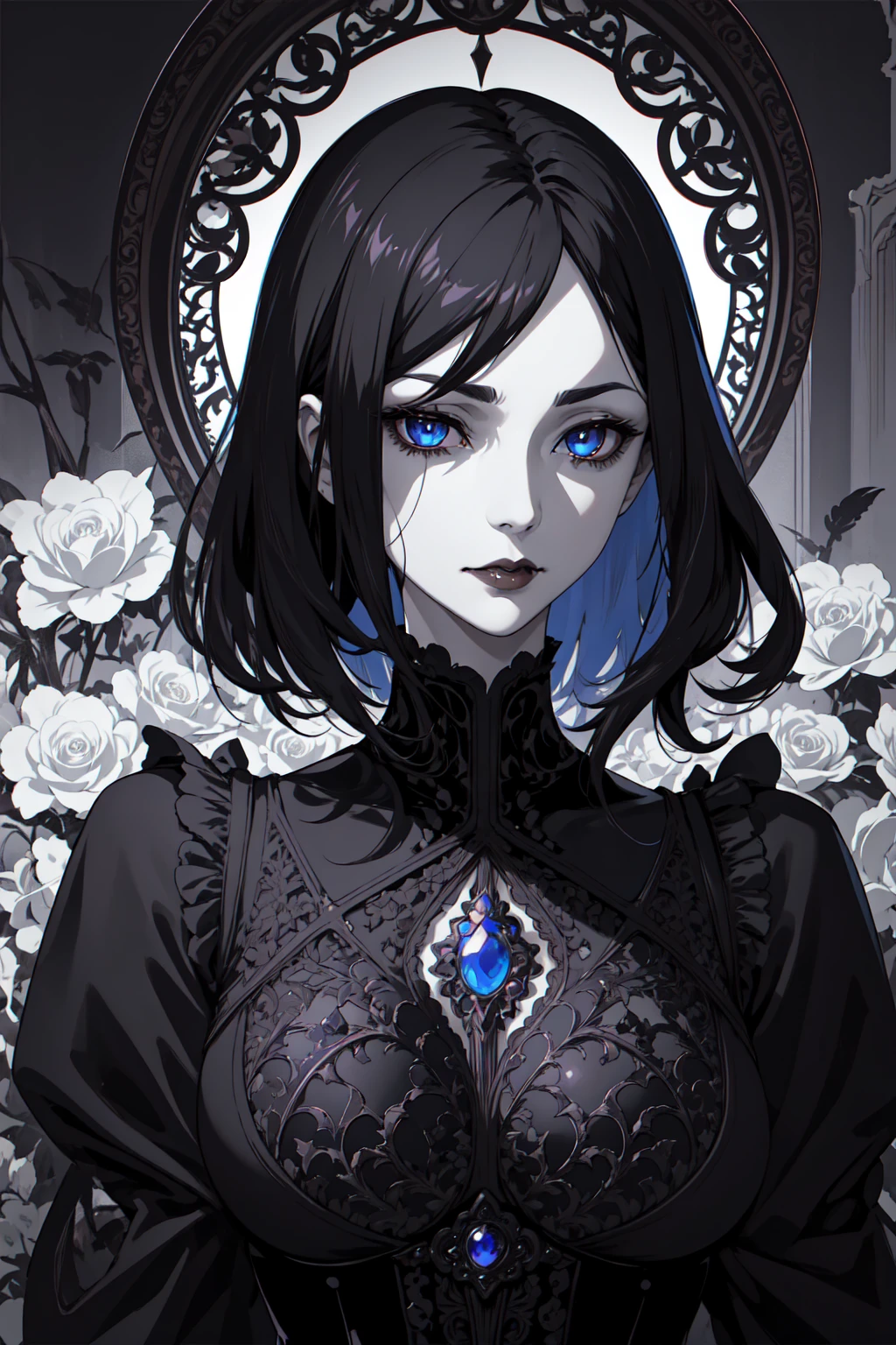 Basic Art Nouveau，Vampire woman with black hair and blue eyes，short hair，（Upper body portrait），young，(((Oval face)))，Dark clothing，Soft and melancholy face，Beautifully，No wrinkles，Gothic style，Synthwave meets Art Nouveau，Bold and smooth lines，Dynamic composition of organic Art Nouveau patterns，Intricate red roses and patterns intertwined with geometric shapes，Characters that embody vampires Mysterious Gothic atmosphere，Feminine but calm expression，Art Nouveau pattern dress，Digital grid landscape with natural forms，Neon-like outline effect reminiscent of stained glass，White background，High contrast，Easy to color，visual clarity，French Art Nouveau，80s vaporwave art style。Maximum details，