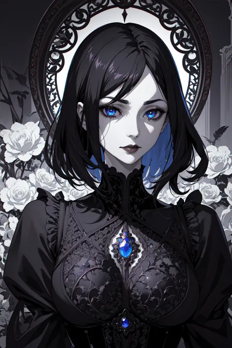 Basic Art Nouveau，Vampire woman with black hair and blue eyes，short hair，（Upper body portrait），young，(((Oval face)))，Dark clothi...