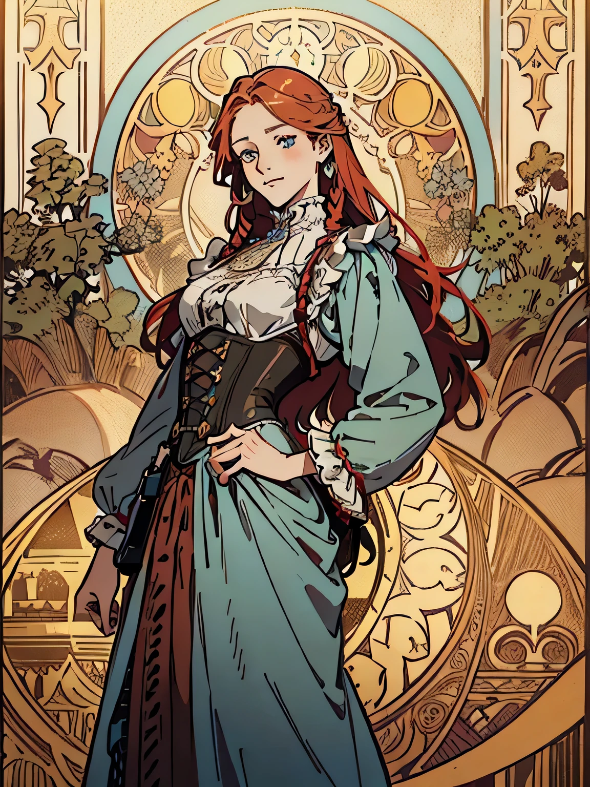 (Flat color:1.1),(Colorful:1.3),(Masterpiece:1.2), tarot: vamp, freckled, awkward, smiling, light blue eyes, Best quality, Masterpiece, Original, 1 girl, two red braids, long hair, ((linen dress with corset)), Full body photo of woman，((outdoor setting)), Very detailed wallpaper, Solo，pearls, extravagant setting，tarot card layout，Best quality, Masterpiece, (Realistic:0.6), Realistic lighting,Flower frame， Decorative panels， abstract artistic， Alphonse Mucha （tmasterpiece， best qualtiy， A high resolution： 1.4）， A detailed， Complicated details， 4K，cerulean， Line art， Fibonacci