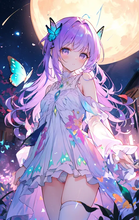 masterpiece, concept art, (very detailed), fairy butterfly 1 girl, butterfly wings, cute, elegant, flowing purple hair, magical ...