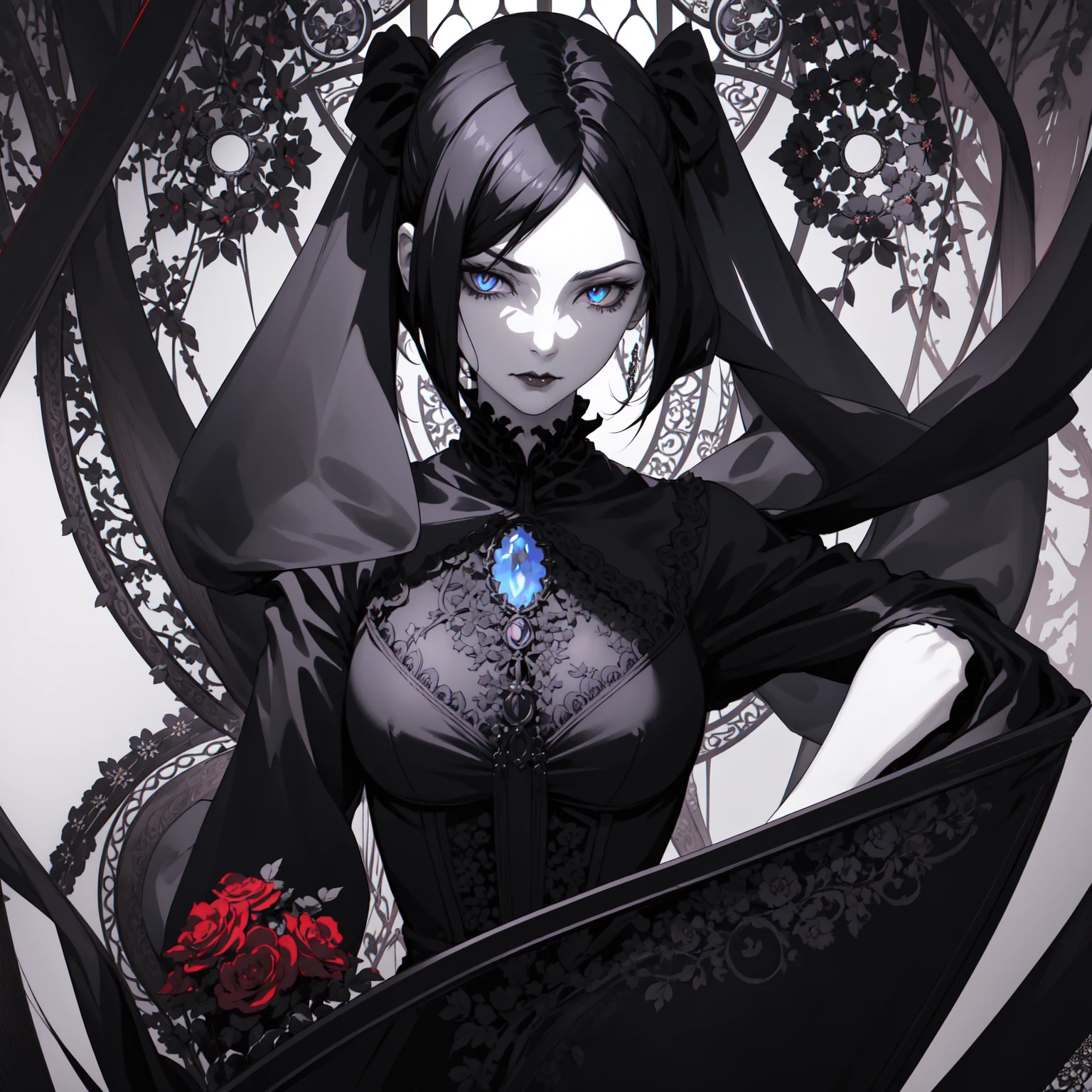 Basic Art Nouveau，Vampire woman with black hair and blue eyes，short hair，（Upper body portrait），young，(((Oval face)))，Dark clothing，Soft and melancholy face，Beautifully，No wrinkles，Gothic style，Synthwave meets Art Nouveau，Bold and smooth lines，Dynamic composition of organic Art Nouveau patterns，Intricate red roses and patterns intertwined with geometric shapes，Characters that embody vampires Mysterious Gothic atmosphere，Feminine but calm expression，Art Nouveau pattern dress，Digital grid landscape with natural forms，Neon-like outline effect reminiscent of stained glass，White background，High contrast，Easy to color，visual clarity，French Art Nouveau，80s vaporwave art style。Maximum details，