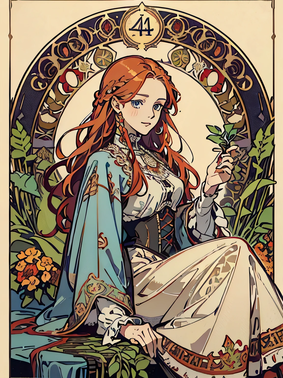 (Flat color:1.1),(Colorful:1.3),(Masterpiece:1.2), tarot: vamp, freckled, awkward, smiling, light blue eyes, Best quality, Masterpiece, Original, 1 girl, two red braids, long hair, ((linen dress with corset)), Full body photo of woman，((outdoor setting)), Very detailed wallpaper, Solo，pearls, extravagant setting，tarot card layout，Best quality, Masterpiece, (Realistic:0.6), Realistic lighting,Flower frame， Decorative panels， abstract artistic， Alphonse Mucha （tmasterpiece， best qualtiy， A high resolution： 1.4）， A detailed， Complicated details， 4K，cerulean， Line art， Fibonacci