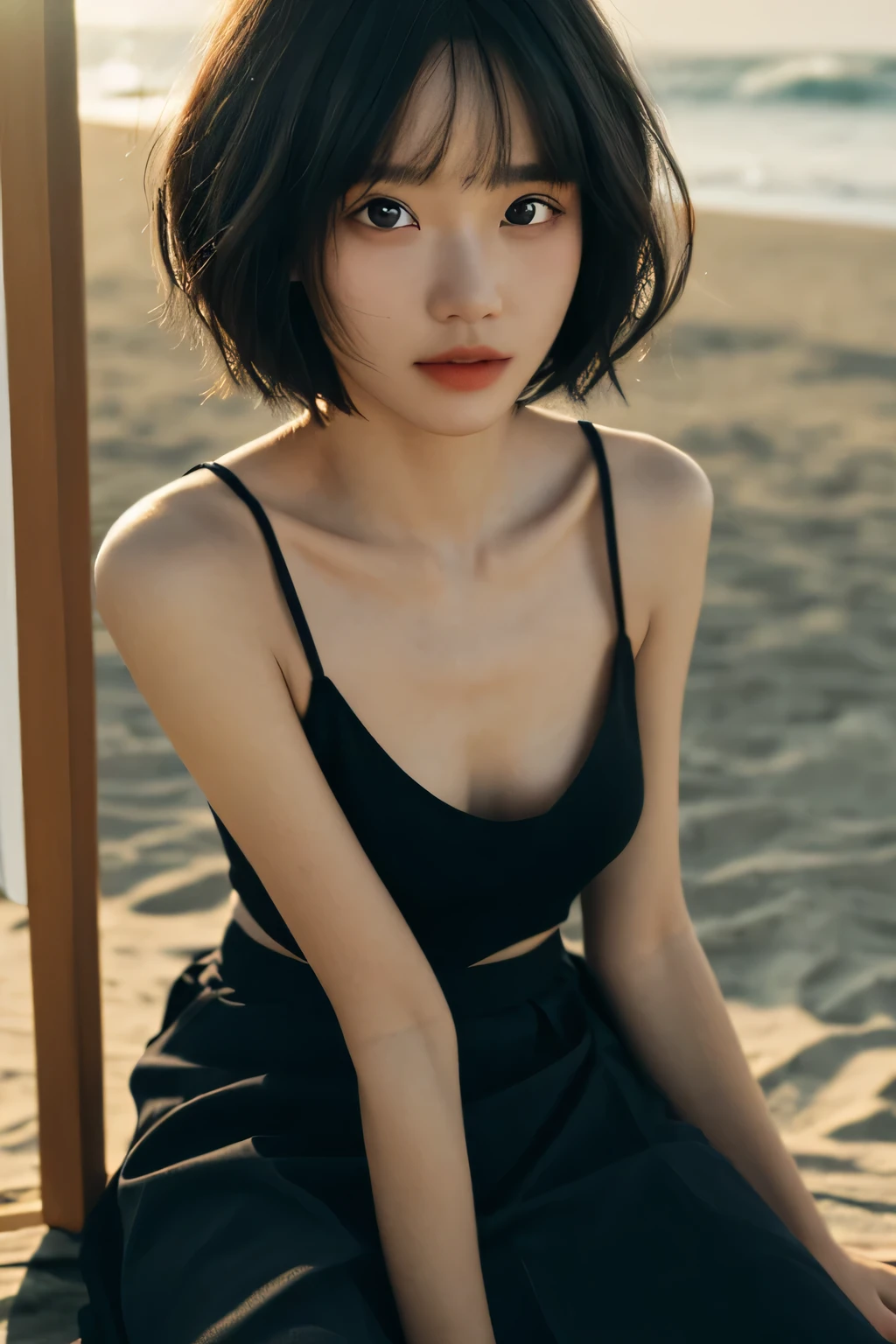 ((best quality，masterpiece:1.3))，sharp:1.2，Perfect body beauty:1.4，((Layered Hairstyle))、(Black long skirt:1.1)，(darkroom:1.2)，Highly detailed face and skin texture，Delicate eyes，(clavicle:1.3)，double eyelids，((short hair))，Childish，beach under sunset，bust，Close-up，45 degree upward shot，