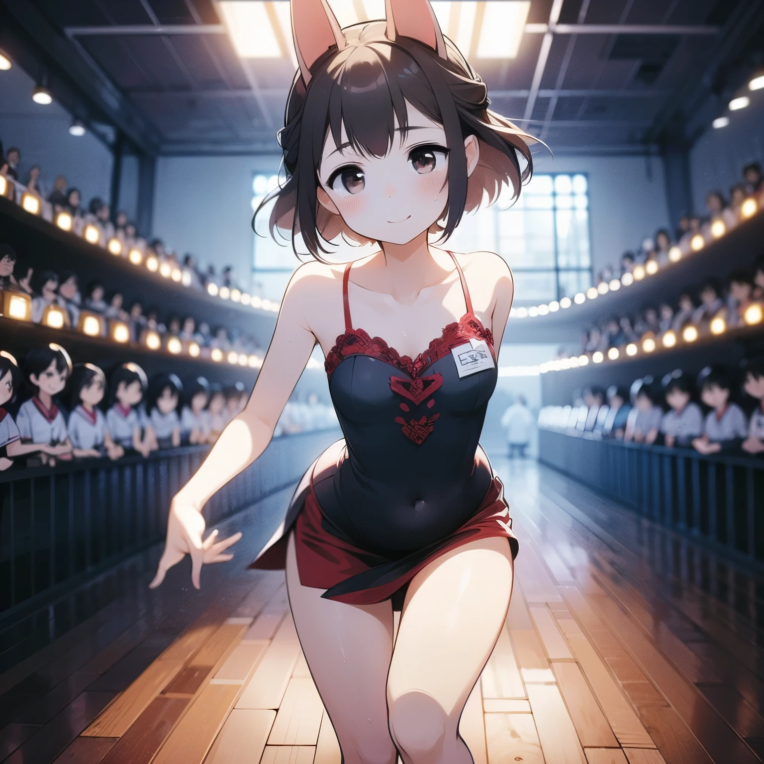 (六人の日本のgirl)、masterpiece, 最high quality, high quality, High precision,Highly detailed 8K wallpapers、Innocence、、Dance、noon、Daytime、Walking the red carpet、Walking the hallway、(red shoulders、Flushed skin)、(Cute Bodycon、No underwear、Large slits that reveal thighs)、(stage)、(dance hall、Holding a folding fan)、(Spotlight、Lighting、blushing face)、かわいいdaughterたち、Cute kids、(Chest opening、Sweat running down my chest)、Mojimoji、(Embarrassed smile)、defenseless、Cute squid belly、Pure、Cute face、being somewhat excited、cat、Thin chest、Tsurupeta、Cute face、No fixes、thin、Before menarche、（girl、小daughter、delicate、Fox Ears、Fox Tail、brown hair、Gray Hair、Slimming、Beautiful belly）、（girl、daughter、younger sister、Jiu）、