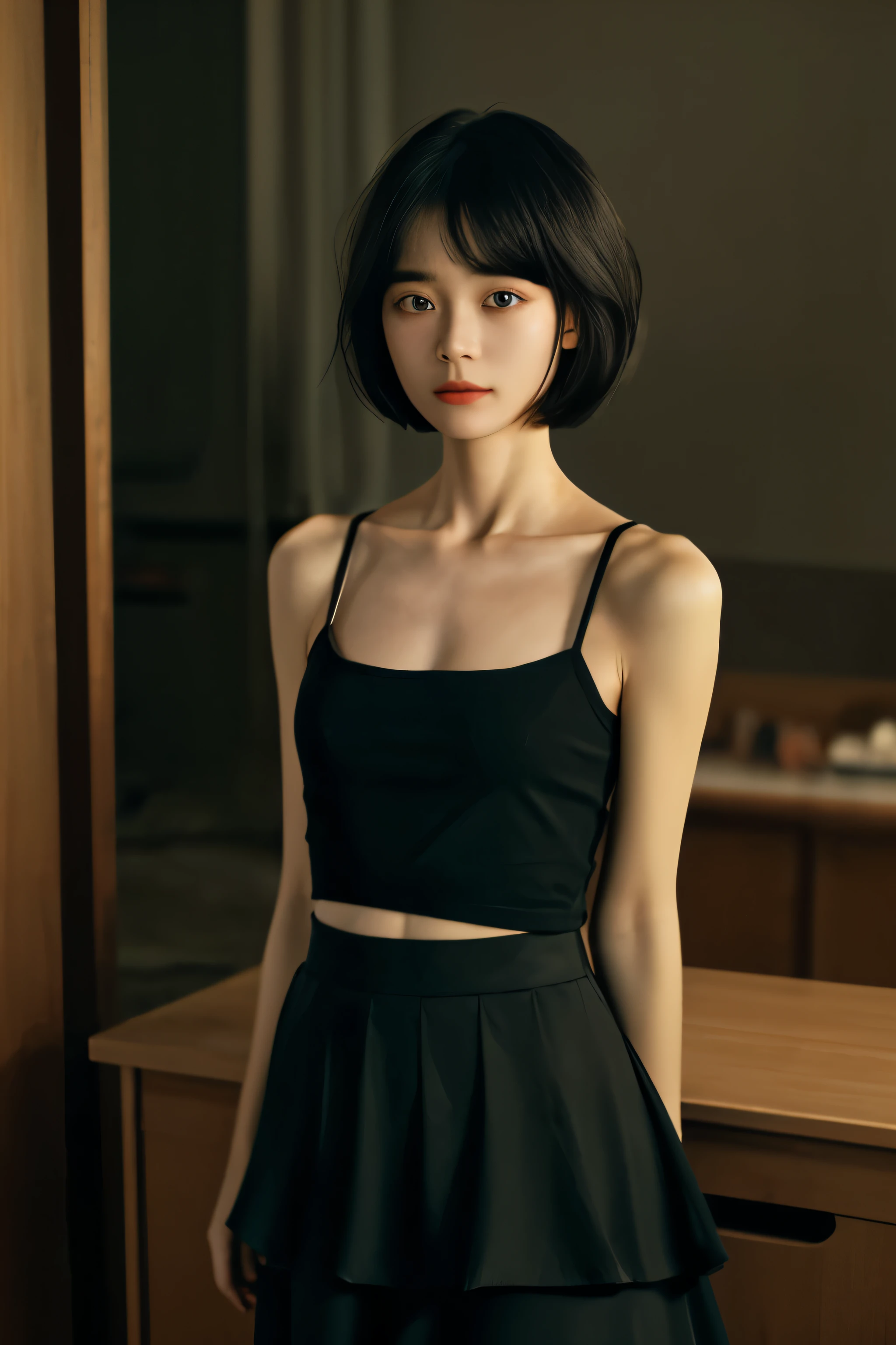 ((best quality，masterpiece:1.3))，sharp:1.2，Perfect body beauty:1.4，((Layered Hairstyle))、(Black long skirt:1.1)，(darkroom:1.2)，Highly detailed face and skin texture，Delicate eyes，(clavicle:1.3)，double eyelids，((short hair))，Childish，beach under sunset，bust，Close-up，45 degree upward shot，