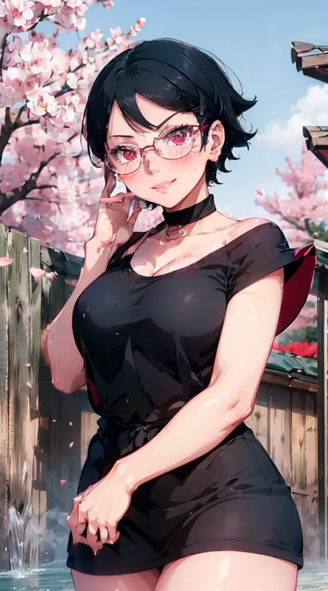 1girl, sarada uchiha in anime boruto, short hair, black hair, red eyes, frameless glasses, smile, beautiful, masterpiece, absurd...