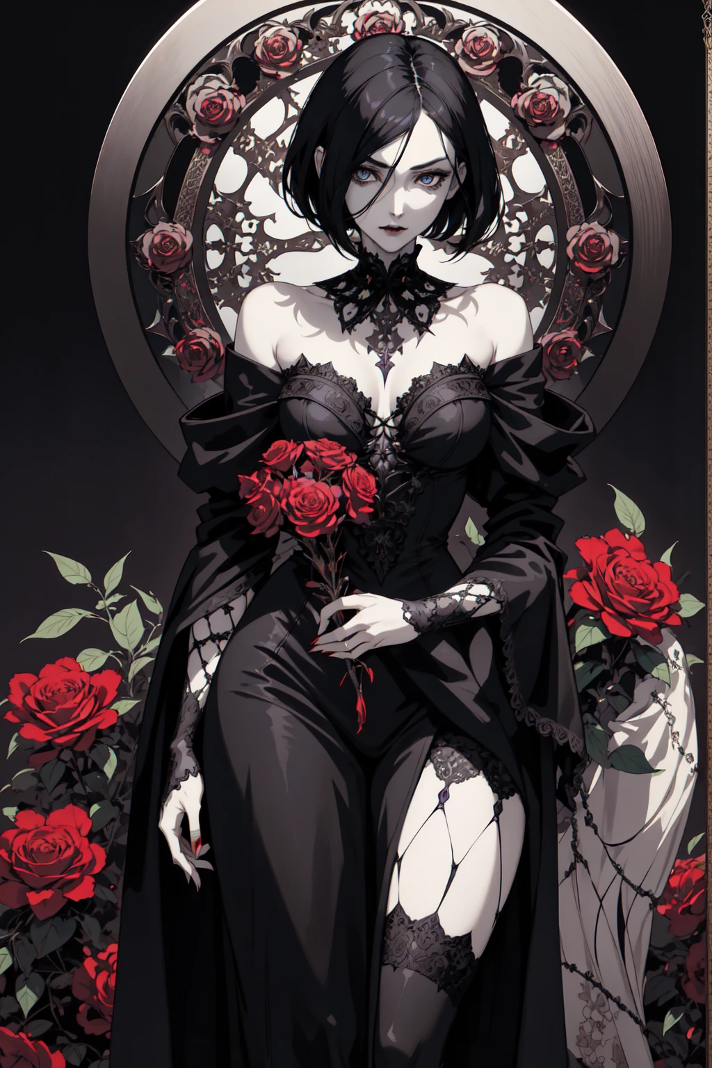 Basic Art Nouveau，Vampire woman with black hair and blue eyes，short hair，（Upper body portrait），young，(((Oval face)))，Dark clothing，Soft and melancholy face，Beautifully，No wrinkles，Gothic style，Synthwave meets Art Nouveau，Bold and smooth lines，Dynamic composition of organic Art Nouveau patterns，Intricate red roses and patterns intertwined with geometric shapes，Characters that embody vampires Mysterious Gothic atmosphere，Feminine but calm expression，Art Nouveau pattern dress，Digital grid landscape with natural forms，Neon-like outline effect reminiscent of stained glass，White background，High contrast，Easy to color，visual clarity，French Art Nouveau，80s vaporwave art style。Maximum details，