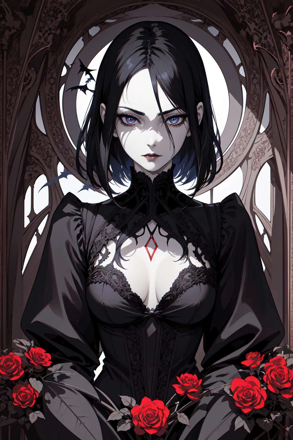 Basic Art Nouveau，Vampire woman with black hair and blue eyes，short hair，（Upper body portrait），young，(((Oval face)))，Dark clothing，Soft and melancholy face，Beautifully，No wrinkles，Gothic style，Synthwave meets Art Nouveau，Bold and smooth lines，Dynamic composition of organic Art Nouveau patterns，Intricate red roses and patterns intertwined with geometric shapes，Characters that embody vampires Mysterious Gothic atmosphere，Feminine but calm expression，Art Nouveau pattern dress，Digital grid landscape with natural forms，Neon-like outline effect reminiscent of stained glass，White background，High contrast，Easy to color，visual clarity，French Art Nouveau，80s vaporwave art style。Maximum details，