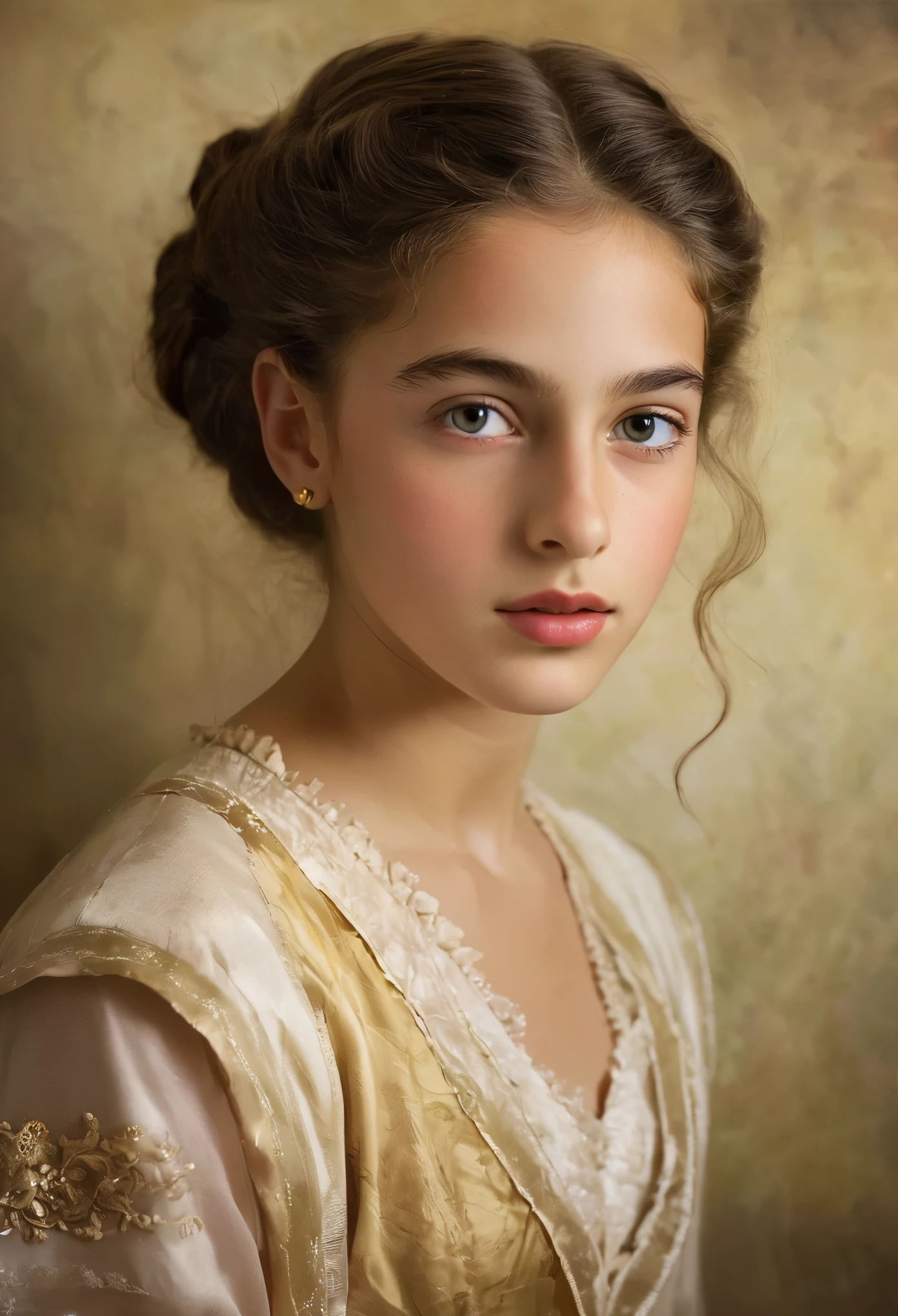 (highres,masterpiece:1.2),(realistic:1.37), A portrait of a Jewish girl in the 20th century with unparalleled beauty. age 14, eldest daughter of a wealthy merchant, The lighting is soft and diffused, accentuating the girl's ethereal beauty. The colors are vibrant and rich, creating a captivating visual experience. The portrait is created in the style of classical portraiture, reminiscent of the works of renowned artists from the era. It exudes elegance, grace, and sophistication.