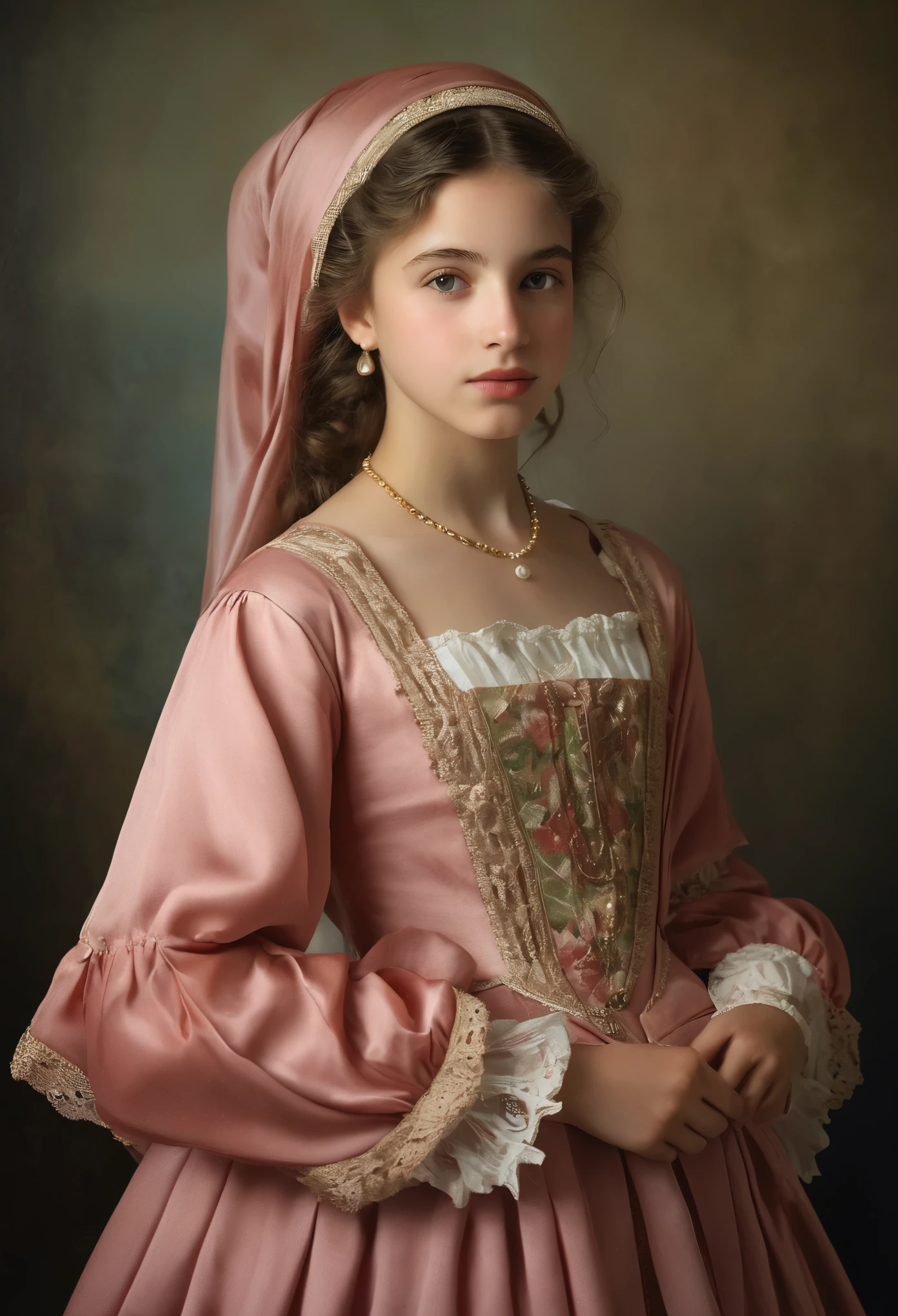 (highres,masterpiece:1.2),(realistic:1.37), A portrait of a Jewish girl in the 20th century with unparalleled beauty. age 14, eldest daughter of a wealthy merchant, The lighting is soft and diffused, accentuating the girl's ethereal beauty. The colors are vibrant and rich, creating a captivating visual experience. The portrait is created in the style of classical portraiture, reminiscent of the works of renowned artists from the era. It exudes elegance, grace, and sophistication.