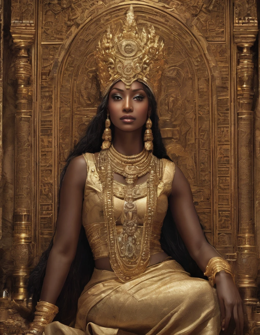 imagine numa sala grandiosa que brilha sob o brilho dourado das tochas, uma mulher imponente reina com majestade. She is tall and slender, with the grace of a goddess and the strength of a warrior. Your skin is like polished ebony, contrastando com o brilho do ouro que adorna seu traje real. Seus cabelos longos e negros, as smooth as the night, caem em cascata sobre seus ombros, uma coroa natural de beleza e poder. Os olhos dela, profundos como o abismo, radiate ancient wisdom and unwavering determination. Dark brown like fertile land, eles capturam a luz das chamas, revealing a spark of inner fire that burns with passion and courage. She is dressed in timeless elegance, adorned with fine fabrics embroidered with gold thread and sparkling pearls. Her 10th-century royal attire exudes opulence and authority, marking her as the rightful sovereign of this ancient kingdom. Ao seu redor, a sala resplandece com a grandeza do Egito Antigo. Walls adorned with hieroglyphics and monumental paintings depict scenes of glorious conquests and majestic triumphs. Pilares imponentes sustentam o teto abobadado, while statues of gods and pharaohs silently watch from above. The air is filled with the scent of incense and perfumed oils, surrounding the queen in an aura of mystery and power. As she rises upon the carved ebony throne, His presence fills the room with an aura of grandeur that transcends time and space. She is the living embodiment of power and beauty, uma rainha destinada a reinar por toda a eternidade.