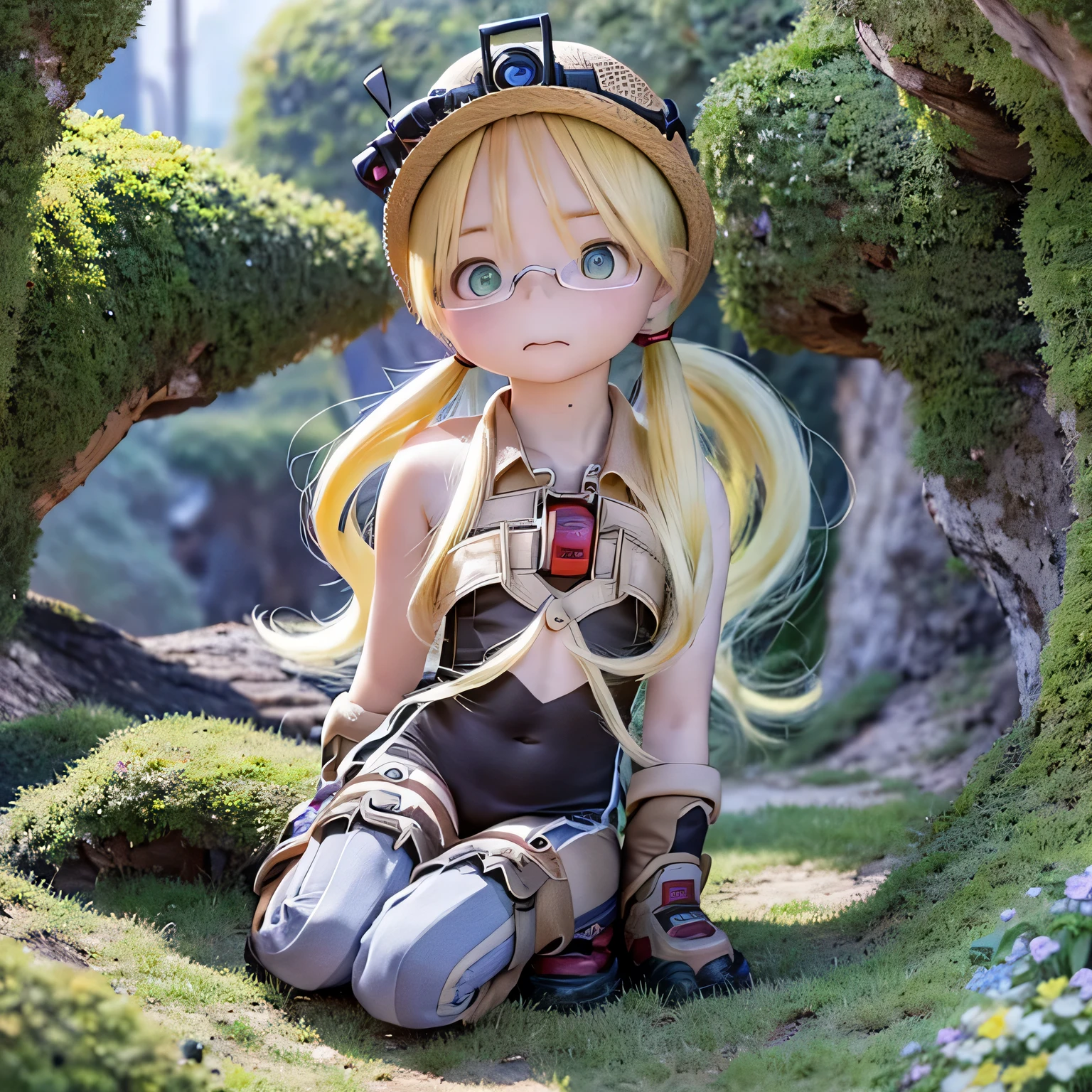 (best quality,ultra-detailed,realistic),anime style,Lyza,Riko,Made in Abyss,detailed eyes,detailed lips,illustration,beautiful background,natural lighting,vivid colors,sharp focus,black rim (((full body)))nude