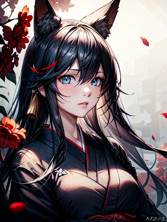 girl(Fusou_\(Azur_Lane\, blue eyes, black hair, long hair, foxy ears, dark kimono with red flowers pattern), uhd, shadering VRay, RTX, realistic drawing, realistic eyes, 8k, realistic light, opengl-shaders, post-processing