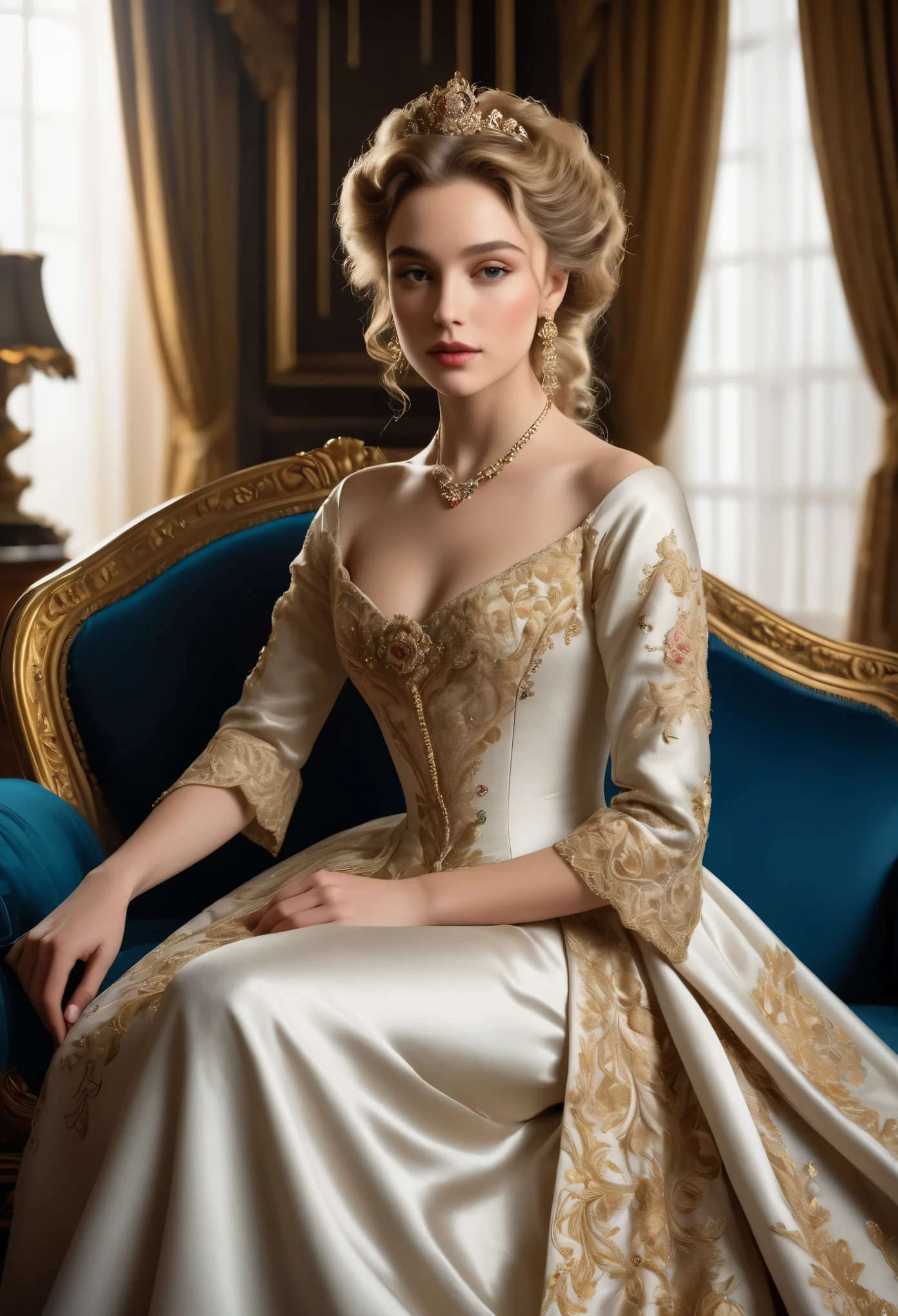 (best quality,4k,8k,highres,masterpiece:1.2),ultra-detailed,(realistic,photorealistic,photo-realistic:1.37), In the dimly lit parlor of a lavish Georgian townhouse, the young courtesan sits poised upon a plush velvet settee, her delicate form draped in the finest silks of the era. At 18 years old, she possesses an ethereal beauty that captivates all who gaze upon her portrait.

Her porcelain complexion is flawlessly illuminated by the soft glow of candlelight, casting a gentle radiance upon her features. Cascading curls of golden blonde hair frame her face, each ringlet meticulously coiffed to perfection, accentuating her elegant neckline.

Her piercing sapphire eyes, framed by long, fluttering lashes, hold a depth of allure and mystery, hinting at the secrets concealed within her captivating gaze. A subtle flush adorns her cheeks, betraying a hint of youthful innocence beneath her worldly exterior.

Adorned in a gown of sumptuous satin and lace, the intricate embroidery and fine detailing speak to her status as a woman of refinement and luxury. The fabric drapes gracefully over her slender form, hinting at the curves beneath while leaving much to the imagination.

In her delicate hand, she holds a single rose, its petals unfurling in a display of natural beauty that mirrors her own. The faint scent of jasmine lingers in the air, adding to the sensory allure of the scene.

Despite her profession, there is an undeniable air of sophistication and grace that surrounds her, elevating her beyond mere mortal beauty to the realm of timeless artistry. In her portrait, she is not merely a courtesan, but a vision of elegance and allure that transcends the confines of her time.