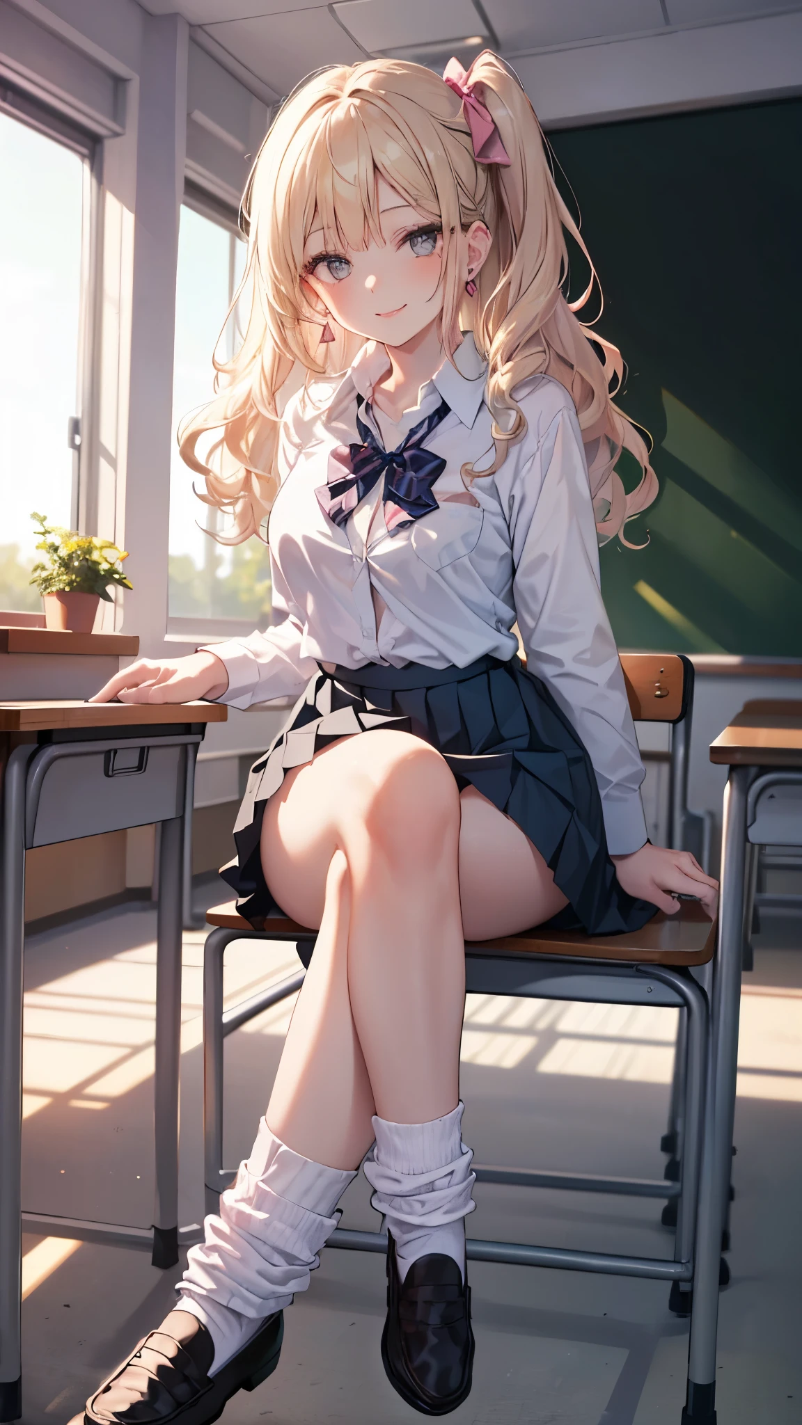 (8K、Highest quality、highest quality、masterpiece)、Detailed face、One girl、 Blonde、Wavy Hair、Grey Eyes、Earrings、Pink Lips、evil smile、Moderate chest、((White collared shirt))、A bow tie、((Black pleated skirt))、white socks、loafers、Sit on a chair、crossed legs、Classroom Background
