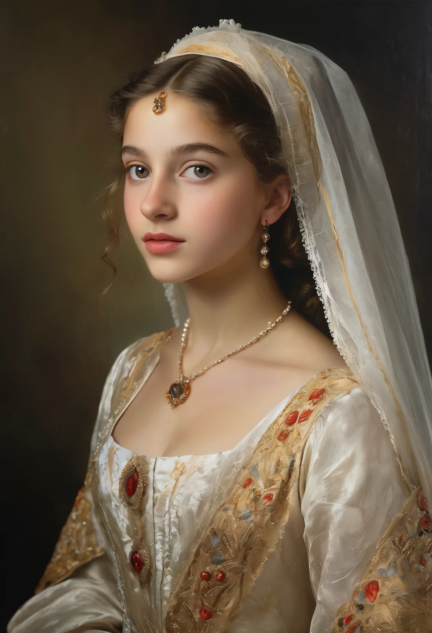 (highres,masterpiece:1.2),(realistic:1.37), A portrait of a Jewish girl in the 20th century with unparalleled beauty. age 14, eldest daughter of a wealthy merchant, The lighting is soft and diffused, accentuating the girl's ethereal beauty. The colors are vibrant and rich, creating a captivating visual experience. The portrait is created in the style of classical portraiture, reminiscent of the works of renowned artists from the era. It exudes elegance, grace, and sophistication. A great masterpiece of the century, you can even feel the breath of the lively girl.