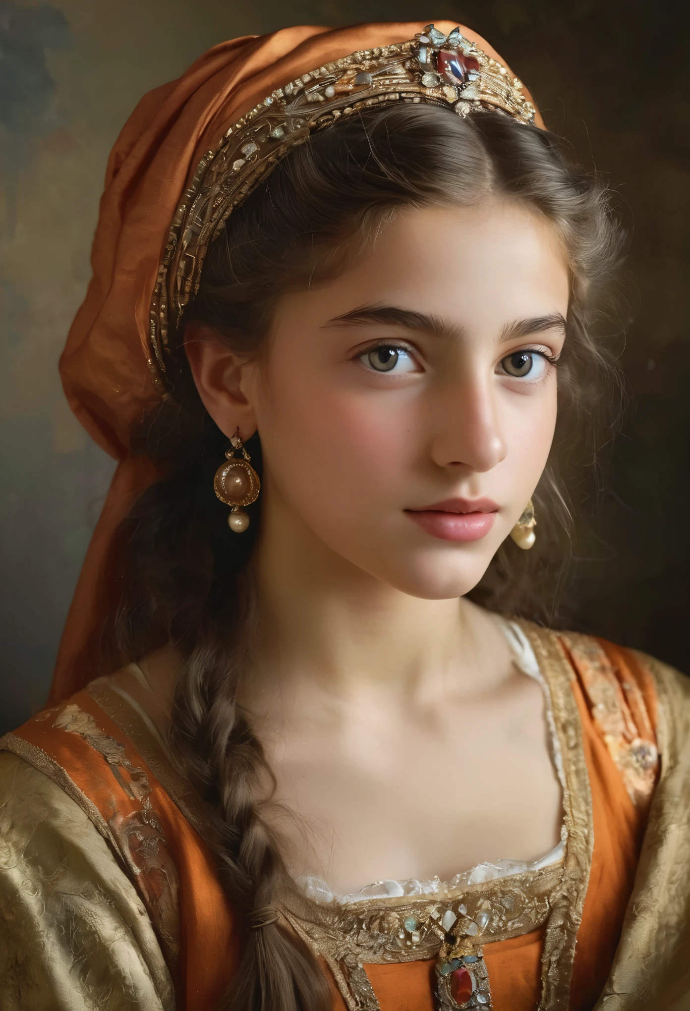 (highres,masterpiece:1.2),(realistic:1.37), A portrait of a Jewish girl in the 20th century with unparalleled beauty. age 14, eldest daughter of a wealthy merchant, The lighting is soft and diffused, accentuating the girl's ethereal beauty. The colors are vibrant and rich, creating a captivating visual experience. The portrait is created in the style of classical portraiture, reminiscent of the works of renowned artists from the era. It exudes elegance, grace, and sophistication. A great masterpiece of the century, you can even feel the breath of the lively girl.