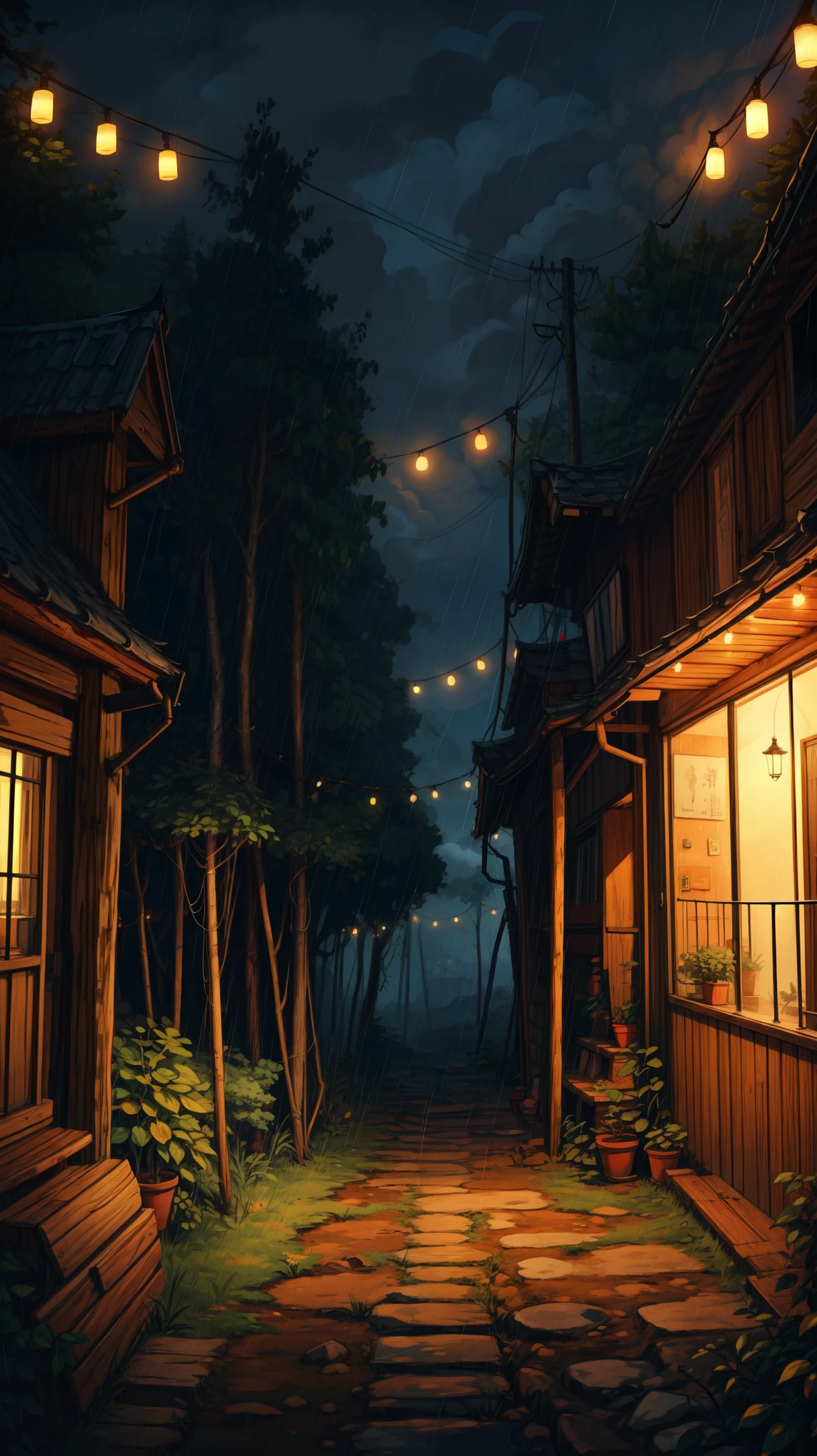 aerial view, tropical forest, string lights trail ,pine trees, evening time, dim light, aesthetically beautiful, rain, thick lines, cozy tones, string lights, muddy path, cloudy sky, magical, shade, shadow, ghibli style, outdoors, cozy atmosphere, micro landscape, intrinsic details