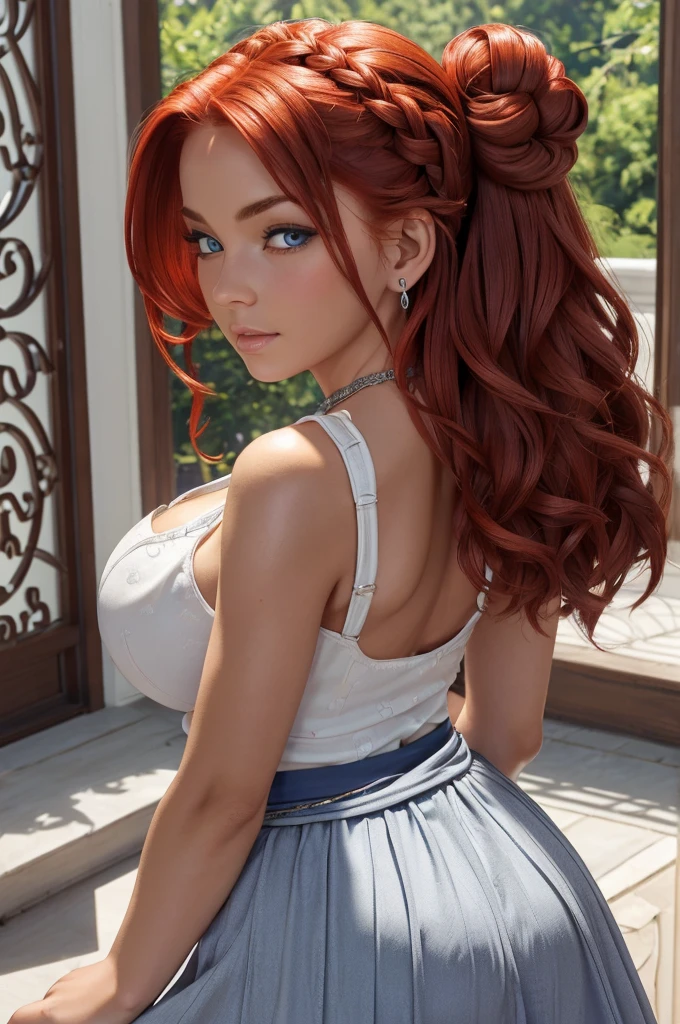 ((ultra quality)), ((tmasterpiece)), gnome girl, Short stature, ((red hair, hairlong, braided)), (silver ear rings), (silver necklace around the neck), (Beautiful cute face), (beautiful female lips), Charming, ((sexy facial expression)), is looking at the camera, eyes are slightly closed, (Skin color: white), Body glare, ((detailed beautiful female eyes)), ((dark blue eyes)), (juicy female lips), (beautiful female hands), (A bit full figure, bun), ((perfect female figure)), perfect female body, Beautiful waist, Gorgeous hips, Beautiful large breasts, ((Subtle and beautiful)), seductively worth it (Rear view) (close-up of the face), (wearing a short, tight, yellow sundress) background: on the threshold of the house, Hot day, ((Depth of field)), ((high quality clear image)), (crisp details), ((higly detailed)), Realistic, Professional Photo Session, ((Clear Focus)), the anime
