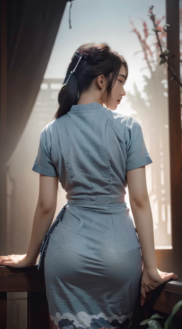 (dark shot:1.4), 80mm, (dark shot:1.4), masterpiece, best quality, game_cg, in summer, girl, solo, medium hair, white hair, looking at viewer, brown eyes, gigantic breasts nearly exposed, perfect booty, 80mm, epic realistic, painting of a geisha with european features entering a japanese pine forest, by range murata, a big red sun in the background, stunning, matted, paul gauguin, van gogh, art by greg rutkowski and artgerm, soft cinematic light, adobe lightroom, photolab, hdr, intricate, highly detailed, (depth of field:1.4), (dark shot:1.22), neutral colors, (hdr:1.4), (muted colors:1.4), (intricate), (artstation:1.2), hyperdetailed, dramatic, intricate details, (technicolor:0.9), (rutkowski:0.8), cinematic, detailed, soft light, sharp, exposure blend, medium shot, bokeh, (hdr:1.4), high contrast, (cinematic, teal and orange:0.85), (muted colors, dim colors, soothing tones:1.3), low saturation, (hyperdetailed:1.2), (noir:0.4), soft light, sharp, exposure blend, medium shot, bokeh, (hdr:1.4), high contrast, (cinematic, teal and orange:0.85), (muted colors, dim colors, soothing tones:1.3), low saturation, (hyperdetailed:1.2), (noir:0.4), (intricate details:1.12), hdr, (intricate details, hyperdetailed:1.15) emphasize right round ass