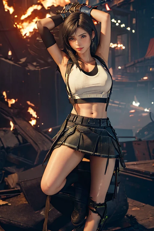 nsfw,{{{masterpiece}}}, {{{best quality}}}, {{ultra-detailed}}, {{an extremely delicate and beautiful}}
, (Tifa Lockhart), 20 years old, huge breast voluptuous breasts, gigantic breast, white tank top, elbow pad, Fingerless gloves, black skirts
, {{full body}}, standing, arms up, split legs, (bare legs)
, looking to the side
, nipples visible, erect nipples
, embarrassed, Satisfied, blush, disdain
, ((bondage)), physical restraint
, (captured, restraints, facial expression of despair, restrained, shackles, fetters, iron chains)
, (torn clothes:1.8), (torn tank top:1.8), (torn skirts:1.8)