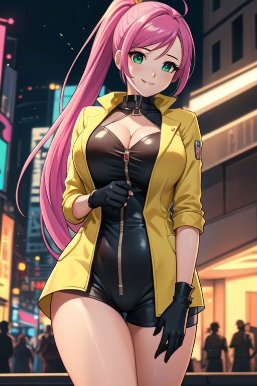 1 girl, 19 years old, Long pink hair, green eyes with slit pupils, master-piece, best quality, (standing up), (hair in a ponytail), (yellow jumpsuit, black gloves, cleavage),  (Big , ultra gigantic , Super super big, Glamorous body), Make eye contact with the camera, front figure, looking forward, (light_Smile:1.5), (Detailed hands and fingers:1.2) (Cyberpunk City), (FULL BODYSHOT), thighs thighs thighs thighs、beauty legs、Bare legs