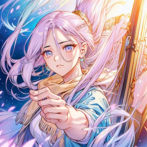 A beautiful androgynous person with long lilac gradient hair and amber eyes, wearing a soft blue cardigan and has opal drop earr...