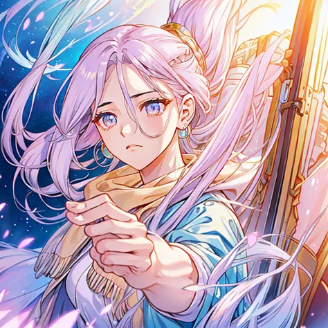 a beautiful androgynous person with long lilac gradient hair and amber eyes, wearing a soft blue cardigan and has opal drop earr...