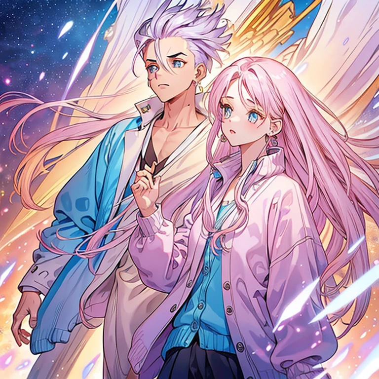 A beautiful individual with long lilac gradient hair and amber eyes, wearing a soft blue cardigan and has opal drop earrings and is androgynous.