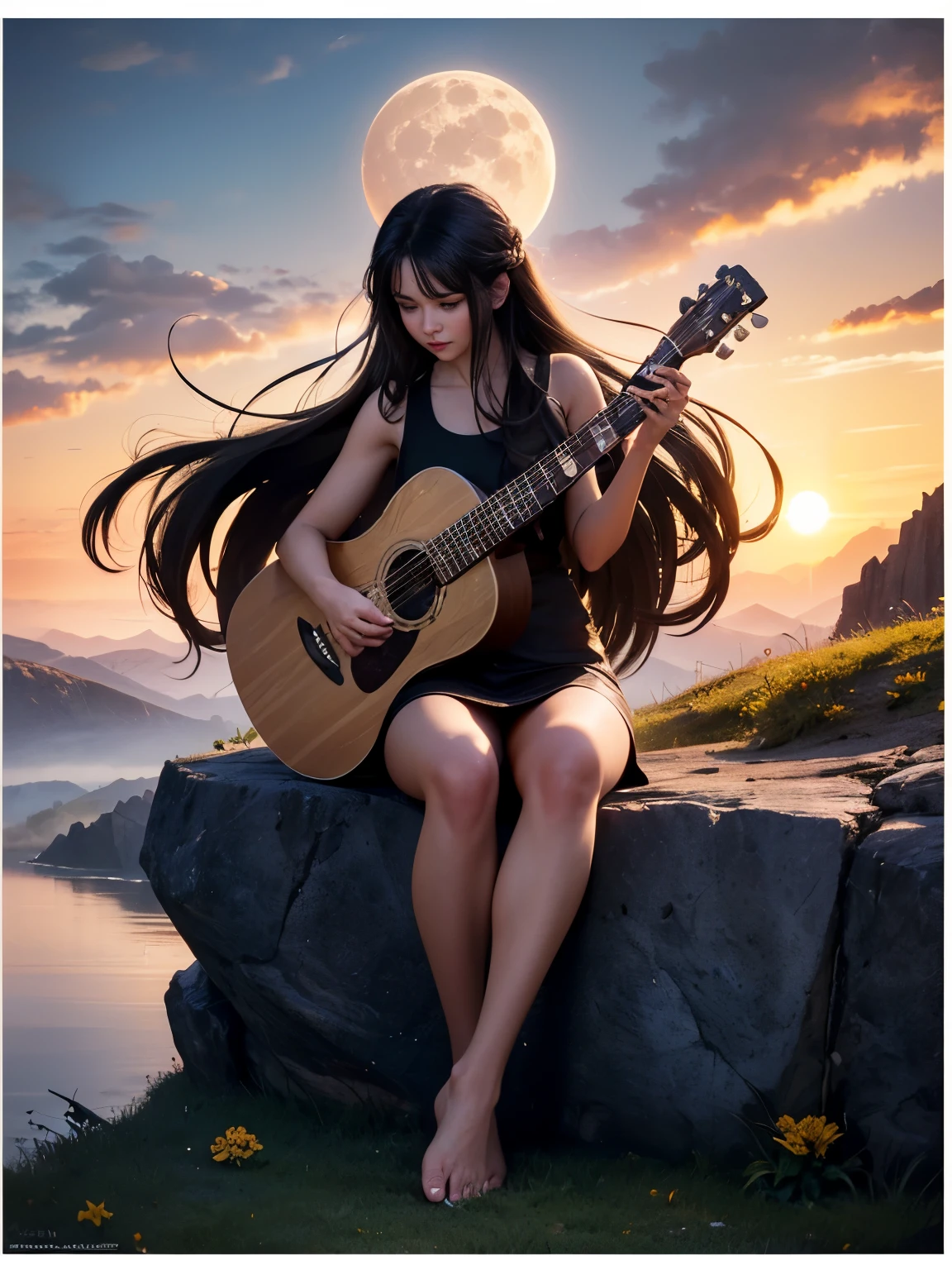 abstract painting art, 8k poster, full body, golden flowers, beautiful girl sitting on edge of cliff observing distant horizon, garden, golden eyes, long hair blown by wind, front view of female body, cloud sunset red, night light, depth of valley seen from above with a lake and distant mountains, oil painting, a girl well focused on the scene, (((girl plays guitar))), overexposure, overexposure art, surreal art, fantasy, abstract art of a woman in a mountain landscape, 8k poster, full body, gold and silver flowers, sunset light, (((girl plays guitar))), (((giant full moon next to the sun) )), (((musical signs in the clouds))), ((((long brown and black hair loose in the air, abstract hair molded into musical symbols, musical score thrown into the clouds, surreal art)))), high resolution 8k poster, gold and silver butterflies, ((short dress, tank top)), ((transparent t-shirt)), ((miniskirt)), ((bare feet))), girl on mountain top watching horizon distant, valley seen from the mountain height, beautiful Latin girl playing guitar, musical melody written in clouds, 3D art,