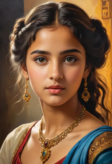 (highres,masterpiece:1.2),(realistic:1.37), A portrait of a beautiful 18-year-old Roma girl, an exotic and exquisite beauty, a m...