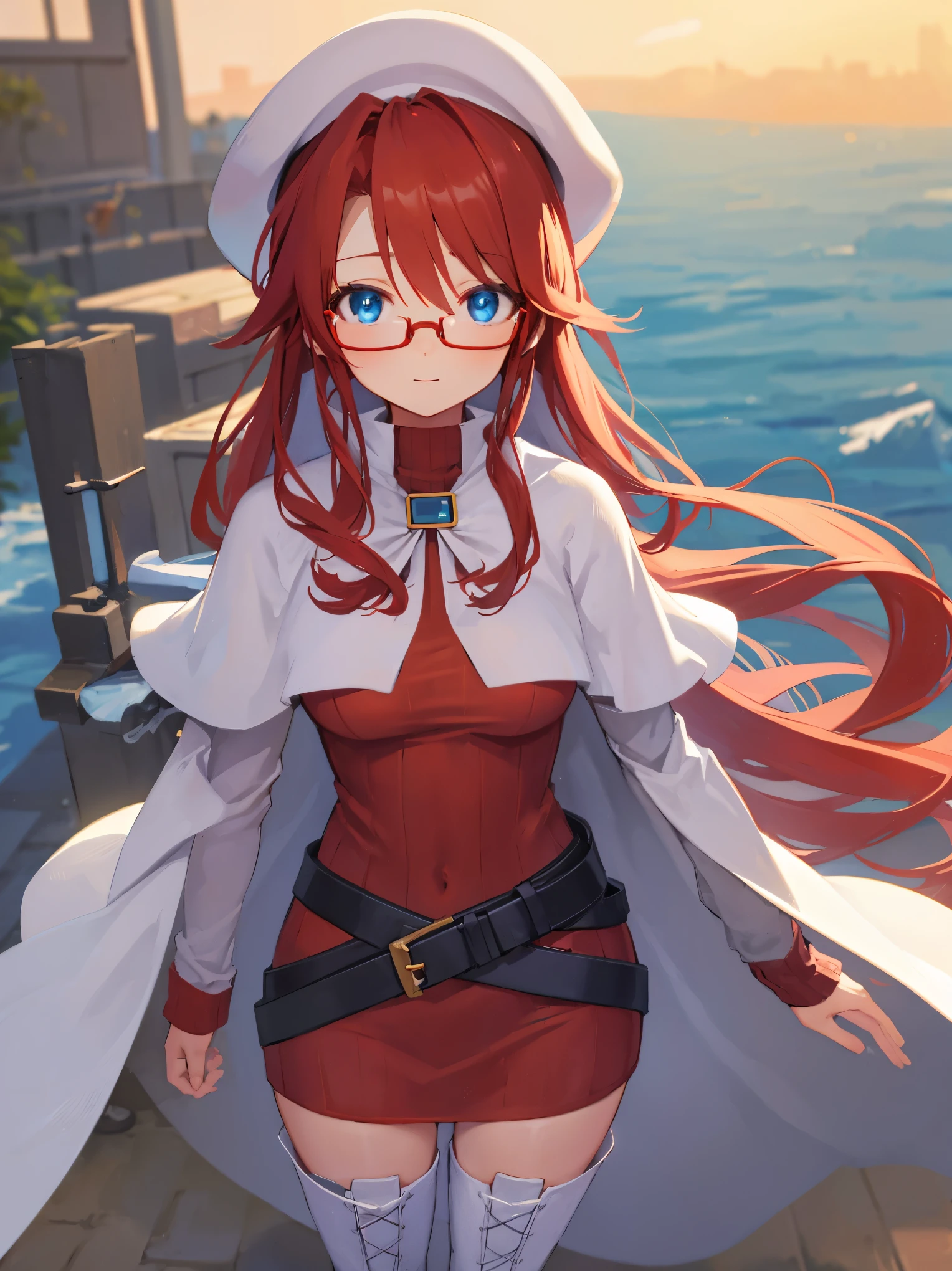 summonnightaty, aty, long hair, blue eyes, red hair, beret, hat, glasses,
BREAK long hair, thighhighs, hat, dress, boots, glasses, belt, cape, sweater, zettai ryouiki, beret, thigh boots, white footwear, ribbed sweater, loose belt,solo,
BREAK outdoors, fantasy,on_a_ship,
BREAK (masterpiece:1.2), best quality, high resolution, unity 8k wallpaper, (illustration:0.8), (beautiful detailed eyes:1.6), extremely detailed face, perfect lighting, extremely detailed CG, (perfect hands, perfect anatomy),covered_nipples,covered_navel,light_smile ,(half_eyes:1.4),sword,armpit,sleepy,dynamic_standing,barrel,red_sweater,apart_legs,magical_effect,pulmp,big_tits,