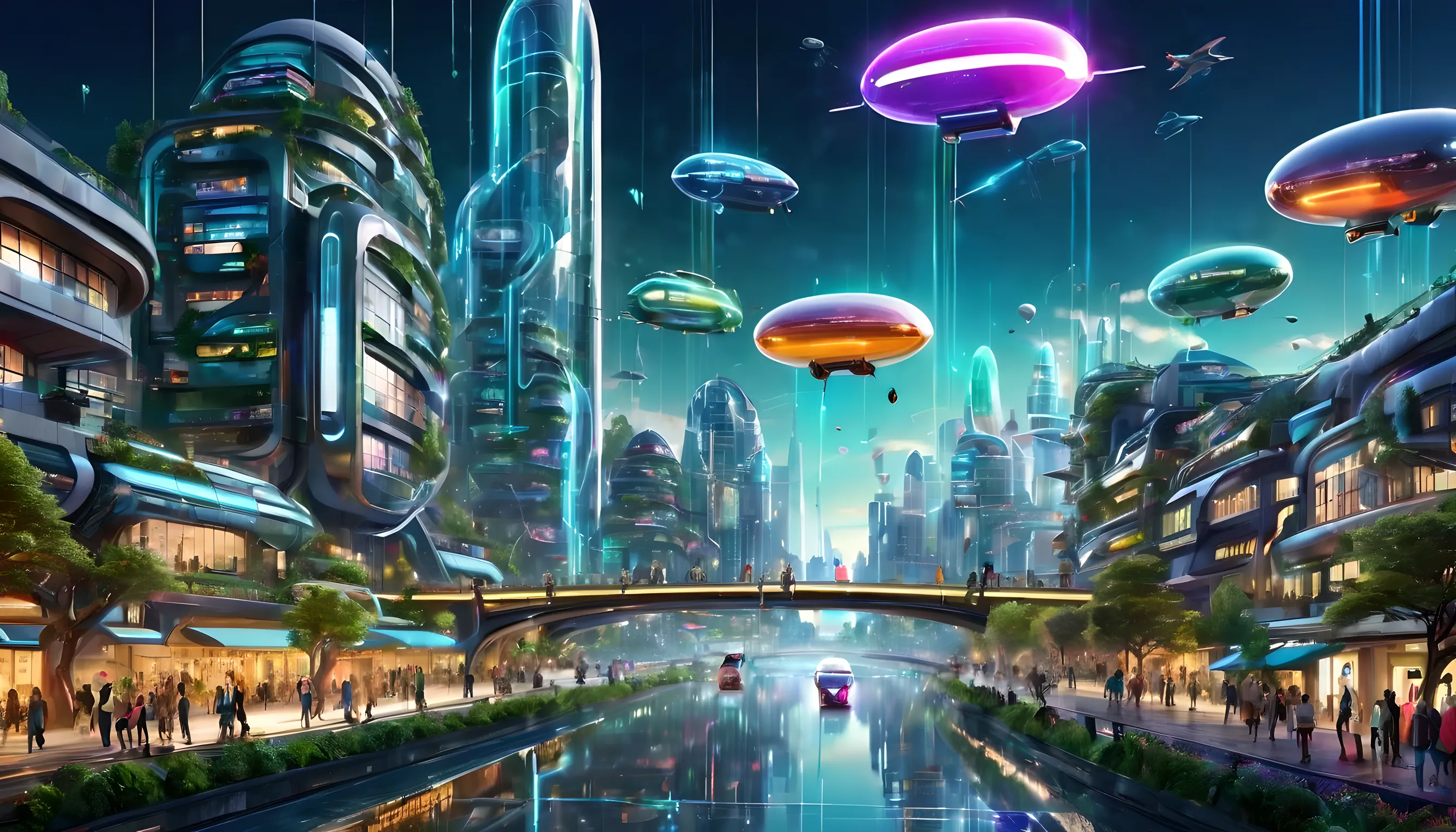 Tech City of the Future,There is a road on the street，Streamlined sci-fi building，Surrounded by greenery，River glow，Building sha...