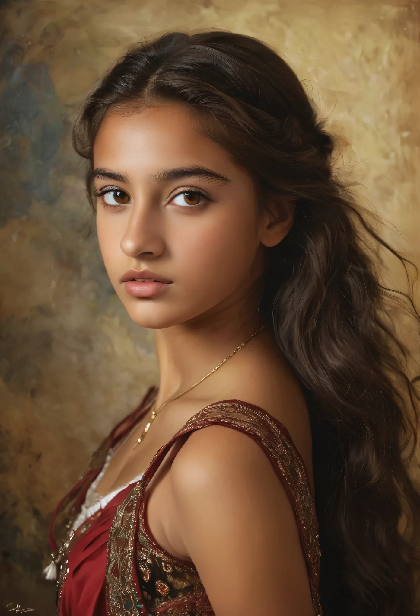 (highres,masterpiece:1.2),(realistic:1.37), A portrait of a beautiful 18-year-old Roma girl, an exotic and exquisite beauty, a masterpiece of a skilled artist's rendering of the life force of a young girl. The portrait is created in the style of classical portraiture, reminiscent of the works of renowned artists from the era. A great masterpiece of the century, you can even feel the breath of the lively girl.