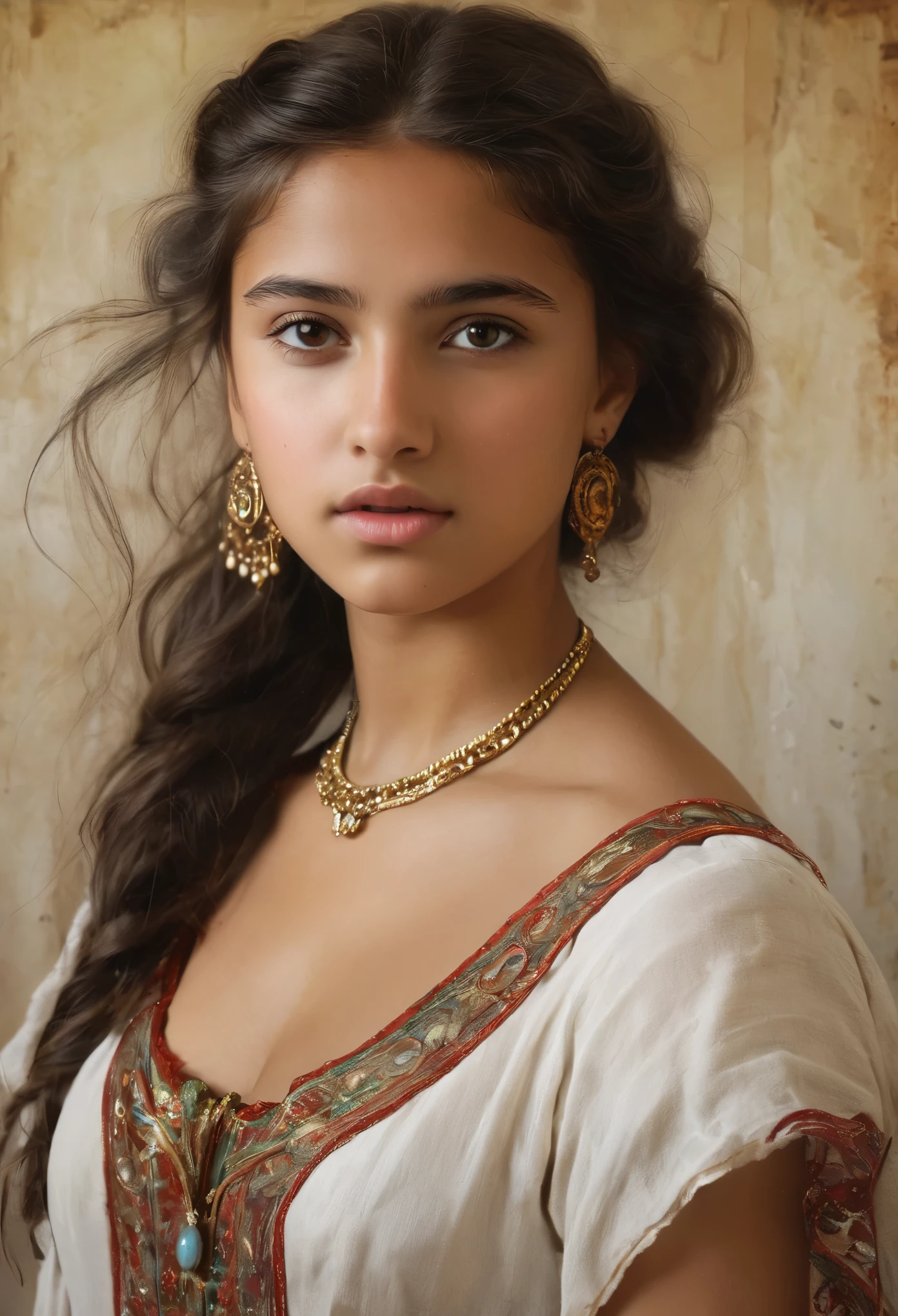 (highres,masterpiece:1.2),(realistic:1.37), A portrait of a beautiful 18-year-old Roma girl, an exotic and exquisite beauty, a masterpiece of a skilled artist's rendering of the life force of a young girl. The portrait is created in the style of classical portraiture, reminiscent of the works of renowned artists from the era. A great masterpiece of the century, you can even feel the breath of the lively girl.