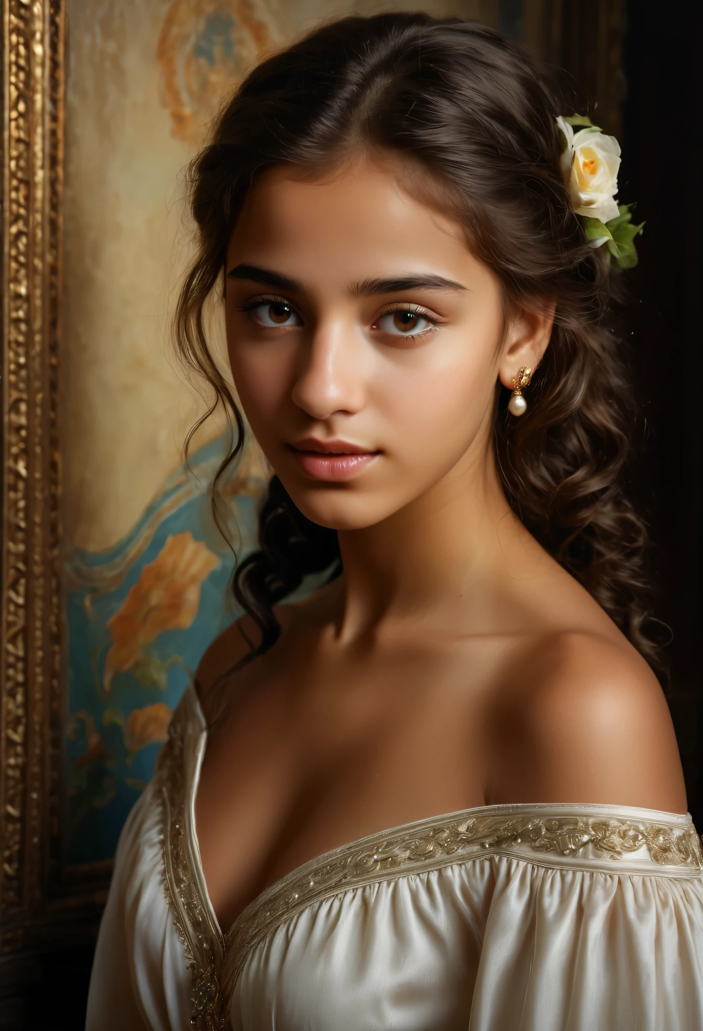 (highres,masterpiece:1.2),(realistic:1.37), A portrait of a beautiful 18-year-old Roma girl, an exotic and exquisite beauty, a masterpiece of a skilled artist's rendering of the life force of a young girl. The portrait is created in the style of classical portraiture, reminiscent of the works of renowned artists from the era. A great masterpiece of the century, you can even feel the breath of the lively girl.