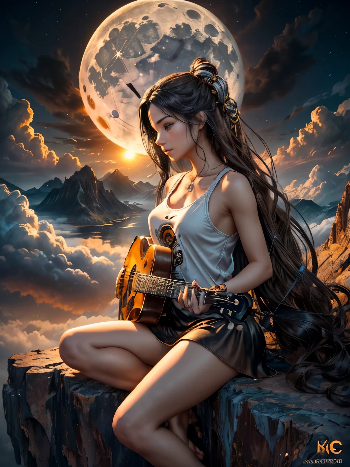 abstract painting art, 8k poster, full body, golden flowers, beautiful girl sitting on edge of cliff observing distant horizon, garden, golden eyes, long hair blown by wind, front view of female body, cloud sunset red, night light, depth of valley seen from above with a lake and distant mountains, oil painting, a girl well focused on the scene, (((girl plays guitar))), overexposure, overexposure art, surreal art, fantasy, abstract art of a woman in a mountain landscape, 8k poster, full body, gold and silver flowers, sunset light, (((girl plays guitar))), (((giant full moon next to the sun) )), (((musical signs in the clouds))), ((((long brown and black hair loose in the air, abstract hair molded into musical symbols, musical score thrown into the clouds, surreal art)))), high resolution 8k poster, gold and silver butterflies, ((short dress, tank top)), ((transparent t-shirt)), ((miniskirt)), ((bare feet))), girl on mountain top watching horizon distant, valley seen from the mountain height, beautiful Latin girl playing guitar, musical melody written in clouds, 3D art,