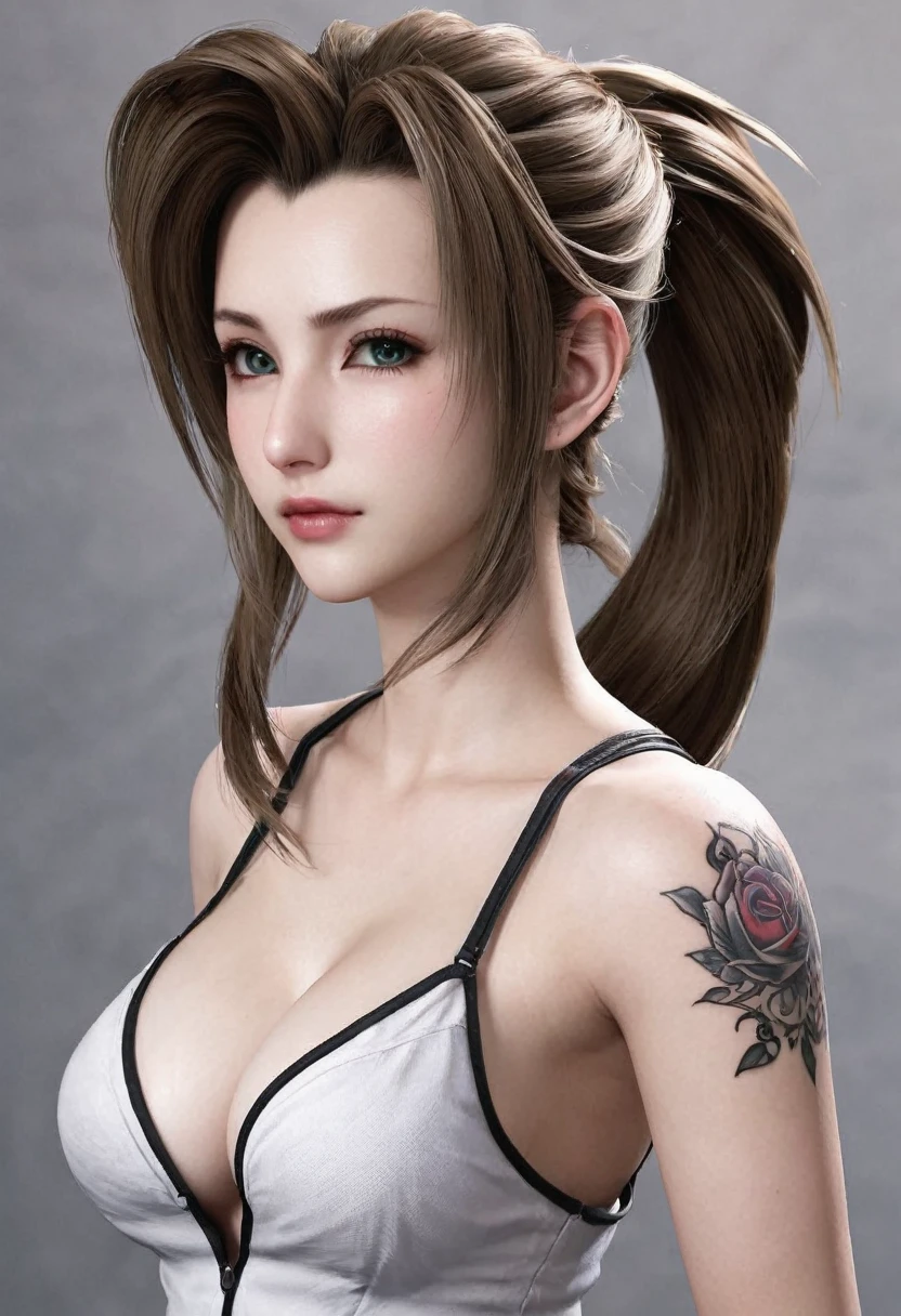 1 MIAOKA realista _ aerith 】(Edição Única)Alice, garota tatuada,peito tatuado, Esterno tatuado, barriga tatuada nas costas,braços tatuados, pernas tatuadas, vagina tatuada, bunda tatuada, rosto detalhado ultrarrealista,sobrancelhas finas e curvas, cílios longos e sedutores, delineador preto, sombra preta, bochechas rosadas, Batom escuro,  grandes seios curvados e voluptuosos, corpo inteiro completo, pano de fundo de final fantasy midgar diurno 