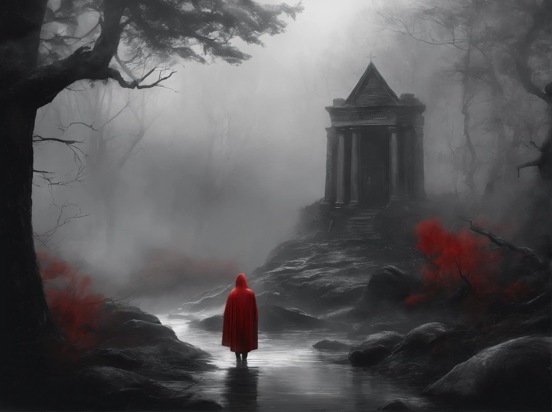 Subject: Ravens gathering around a red human heart in a rainy forest setting, ink wash style
Medium: Digital painting
Style: Black and white, atmospheric
Artist: Suggest artists known for similar styles
Website: Artstation
Resolution: 4k
Additional details: Subtle highlighting of blood, depiction of rain and mist
Color: Black and white
Lighting: Atmospheric, misty