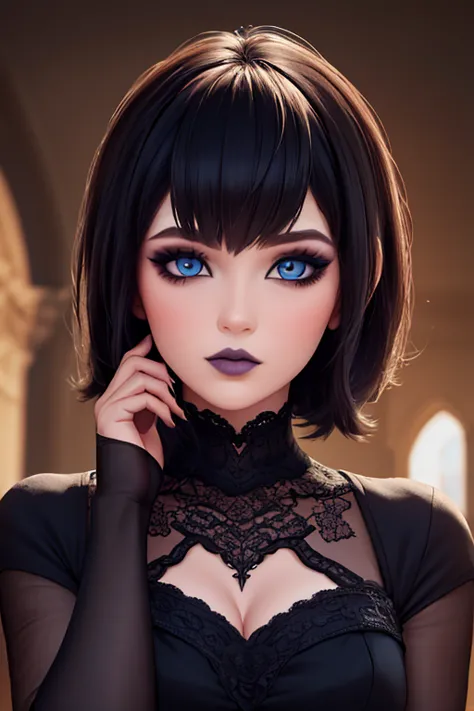 defined face blue eyes gothic makeup eyeliner and eye shadows, cabello negro corto con flequillo estilo bob labios rojos volumin...