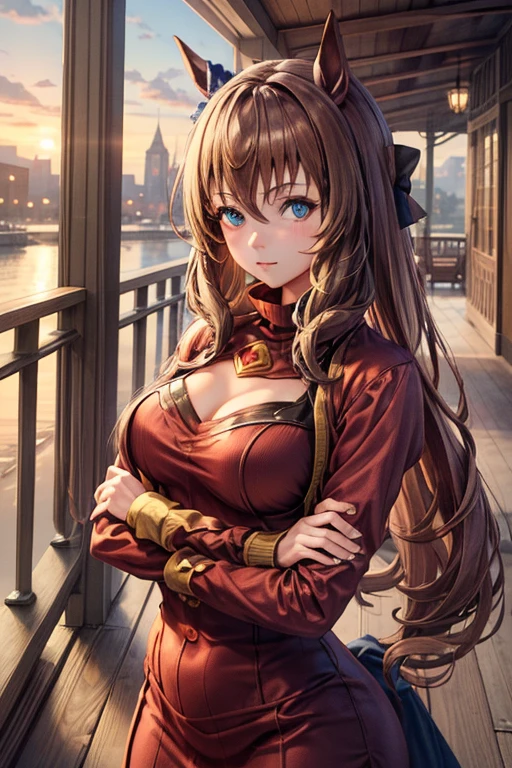 sksbrooke person, sksbrooke, (masterpiece:1.2), (best quality:1.2), maruzensky \(umamusume\), perfect eyes, perfect face, 1girl, solo, brown eyes, (medium breasts), perky breasts, seductive look, red sexy virgin killer sweater dress, porch, arms crossed