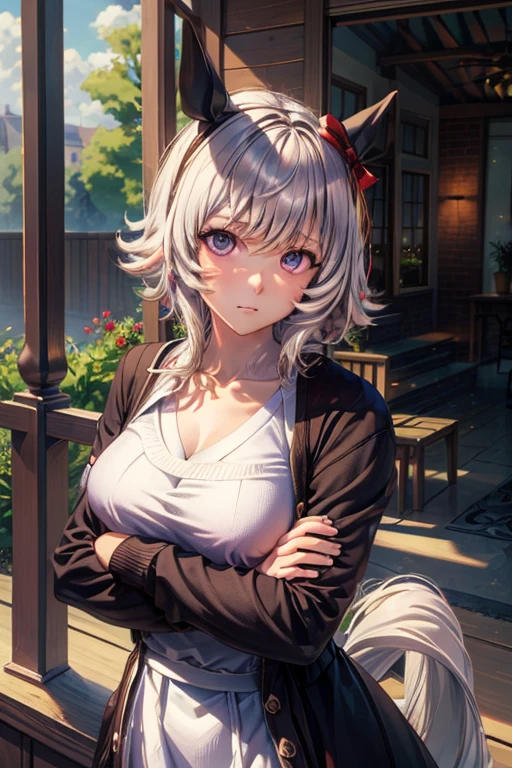 sksbrooke person, sksbrooke, (masterpiece:1.2), (best quality:1.2), curren chan \(umamusume\), perfect eyes, perfect face, 1girl, solo, brown eyes, (medium breasts), perky breasts, seductive look, black sexy virgin killer sweater dress, porch, arms crossed