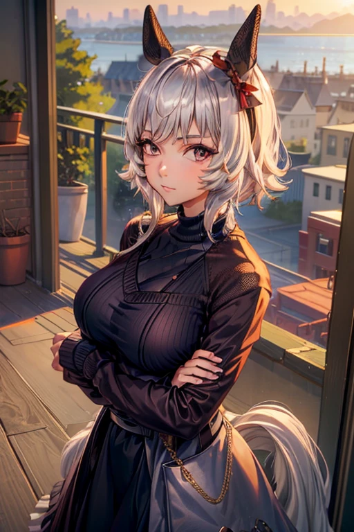 sksbrooke person, sksbrooke, (masterpiece:1.2), (best quality:1.2), curren chan \(umamusume\), perfect eyes, perfect face, 1girl, solo, brown eyes, (medium breasts), perky breasts, seductive look, black sexy virgin killer sweater dress, porch, arms crossed