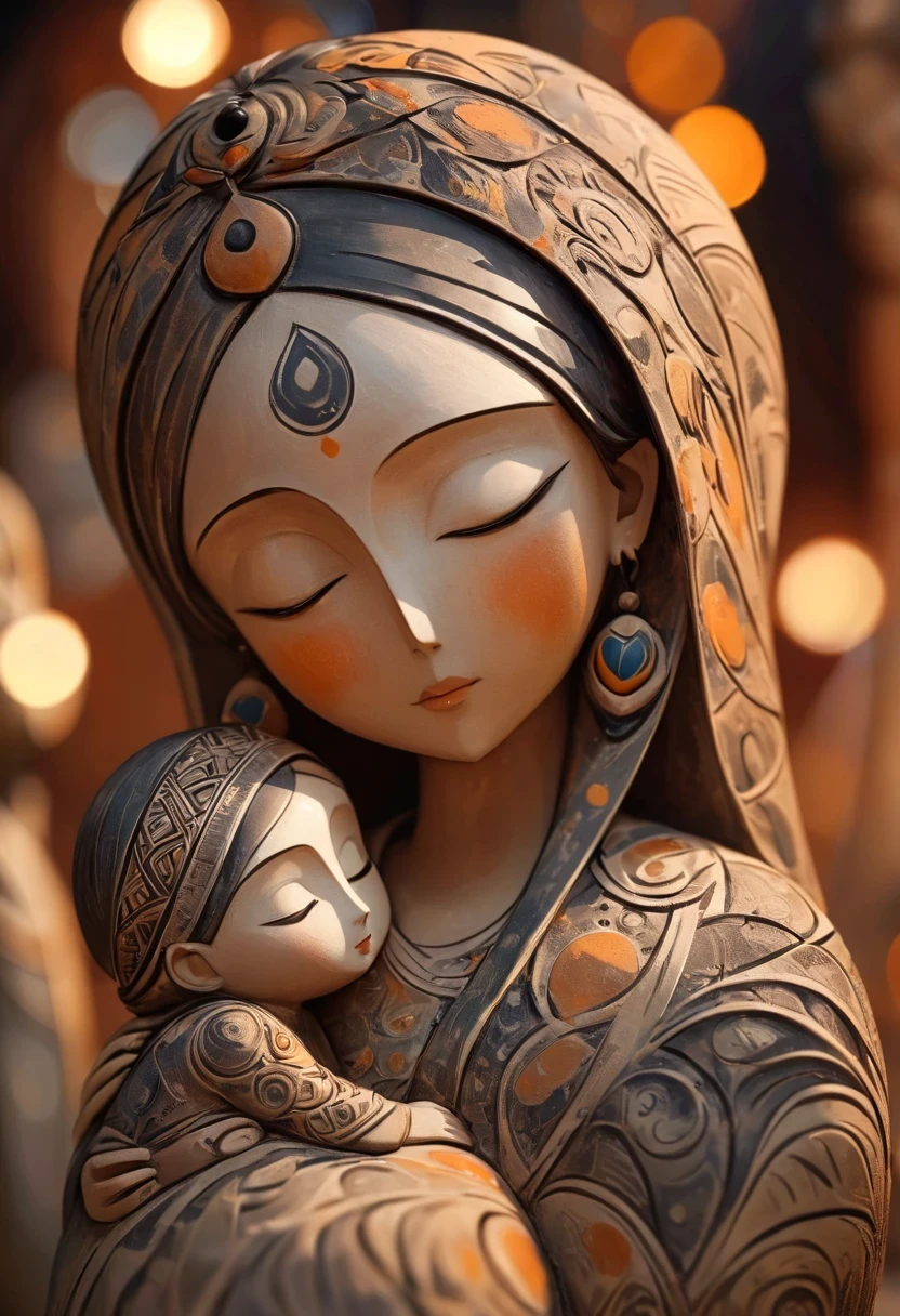 (masterpiece, best quality:1.2),Ornaments， Statue of the Virgin, ，color，Paint pottery in earthy tones，With subtle patterns and textures，Invoking ancient wisdom. Focus on the face，With depth of field and bokeh effects. This is a high resolution image，Intricate details，The background is very dark，soft light, style of，Minimalism