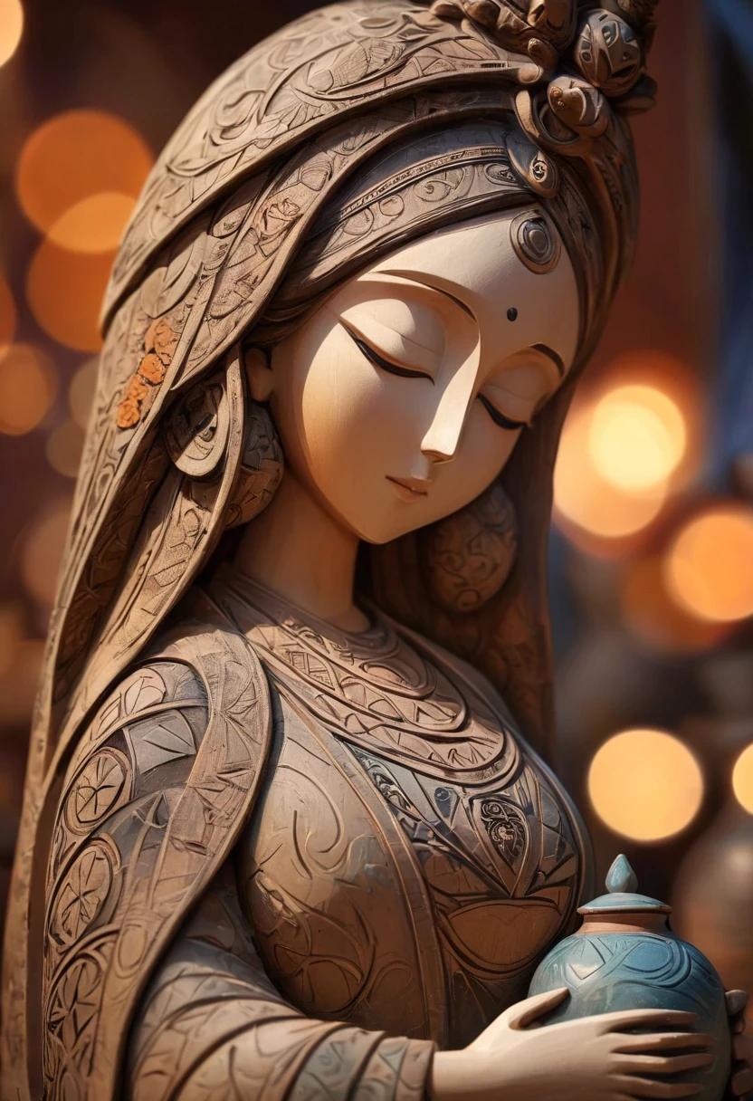 (masterpiece, best quality:1.2),Ornaments， Statue of the Virgin, ，color，Paint pottery in earthy tones，With subtle patterns and textures，Invoking ancient wisdom. Focus on the face，With depth of field and bokeh effects. This is a high resolution image，Intricate details，The background is very dark，soft light, style of，Minimalism