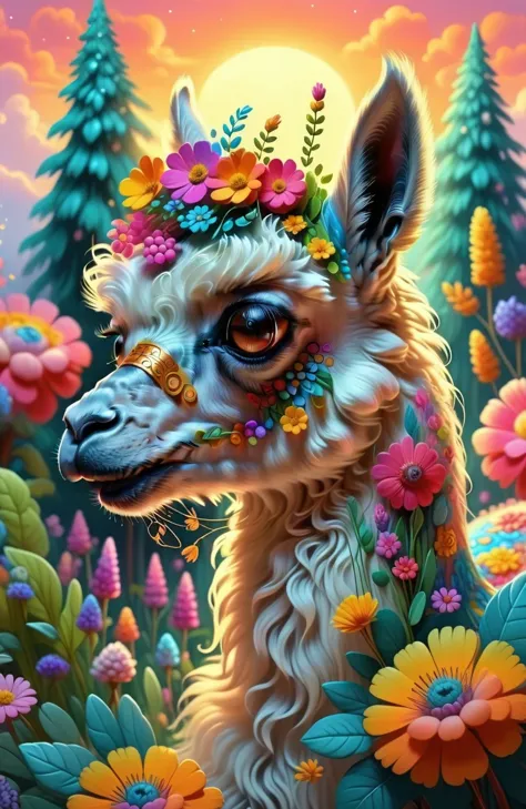 A cute alpaca in a vibrant garden, surrounded by colorful flowers, lush green grass, and tall trees. The alpaca has a fluffy coa...
